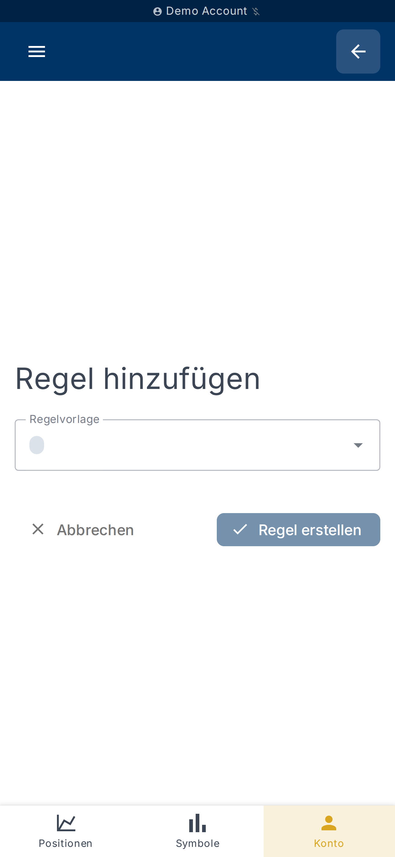 Formular zum Erstellen einer Regel (Vorlage, Bedingungen, Aktionen)
