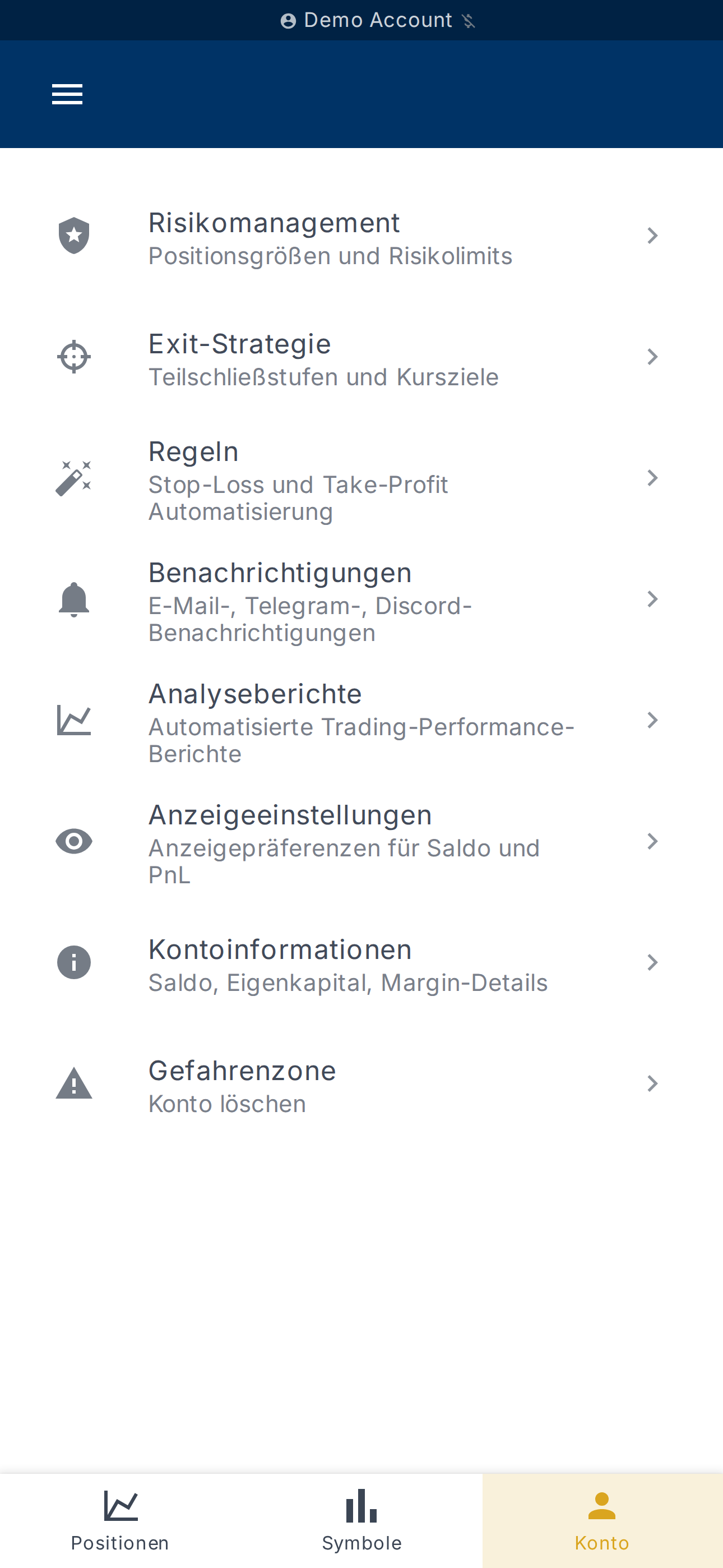 Dashboard des ausgewählten Kontos