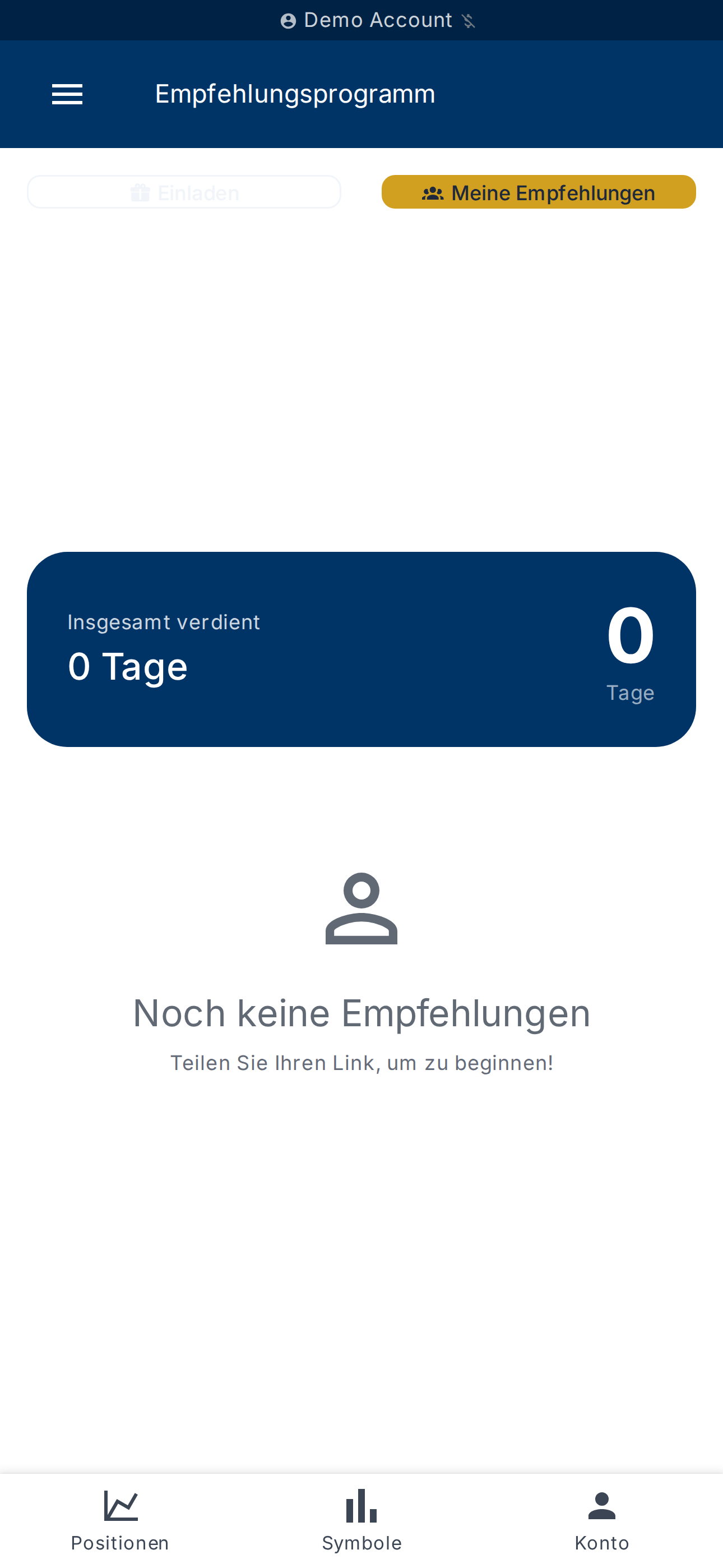 Tab Meine Empfehlungen — Liste und Zähler der verdienten Tage