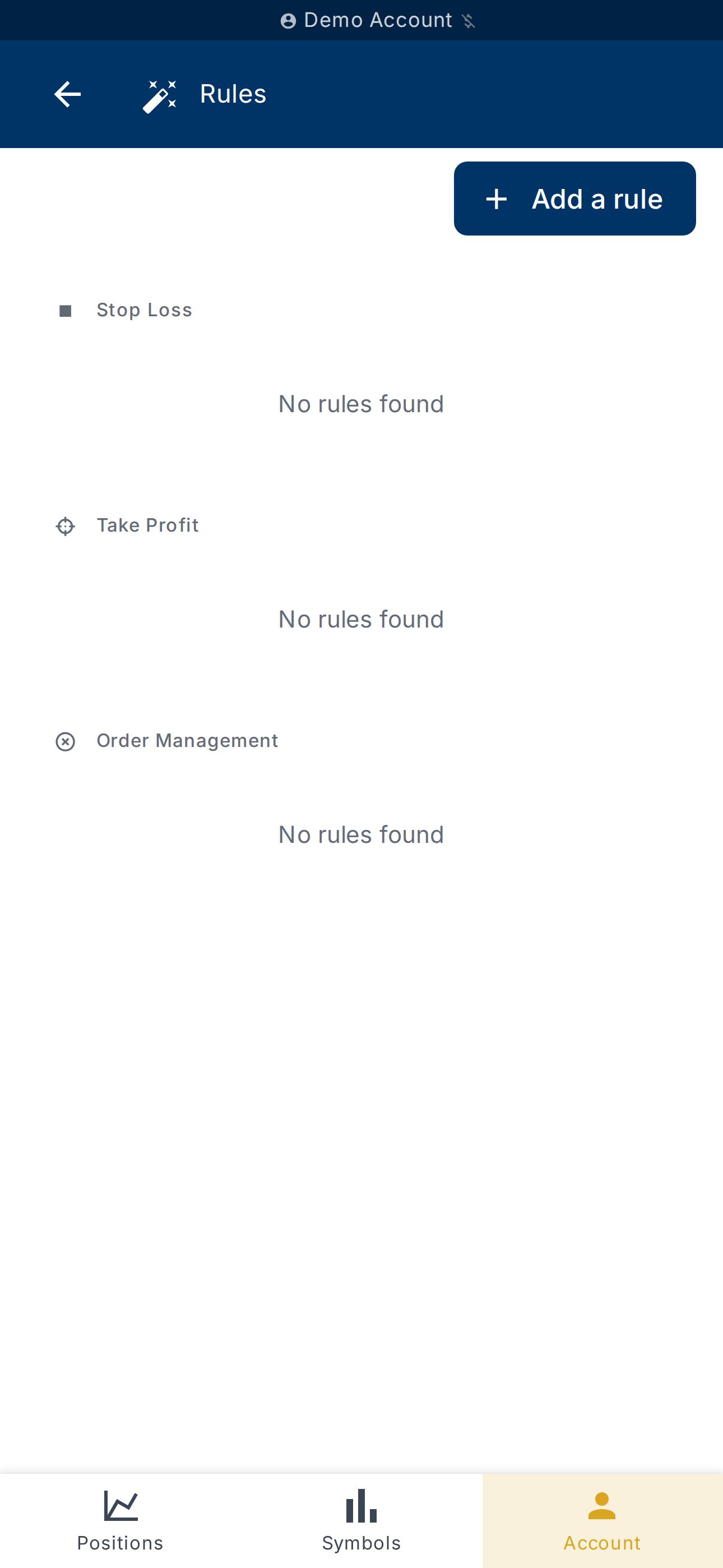 Account Rules page with the Add a rule button