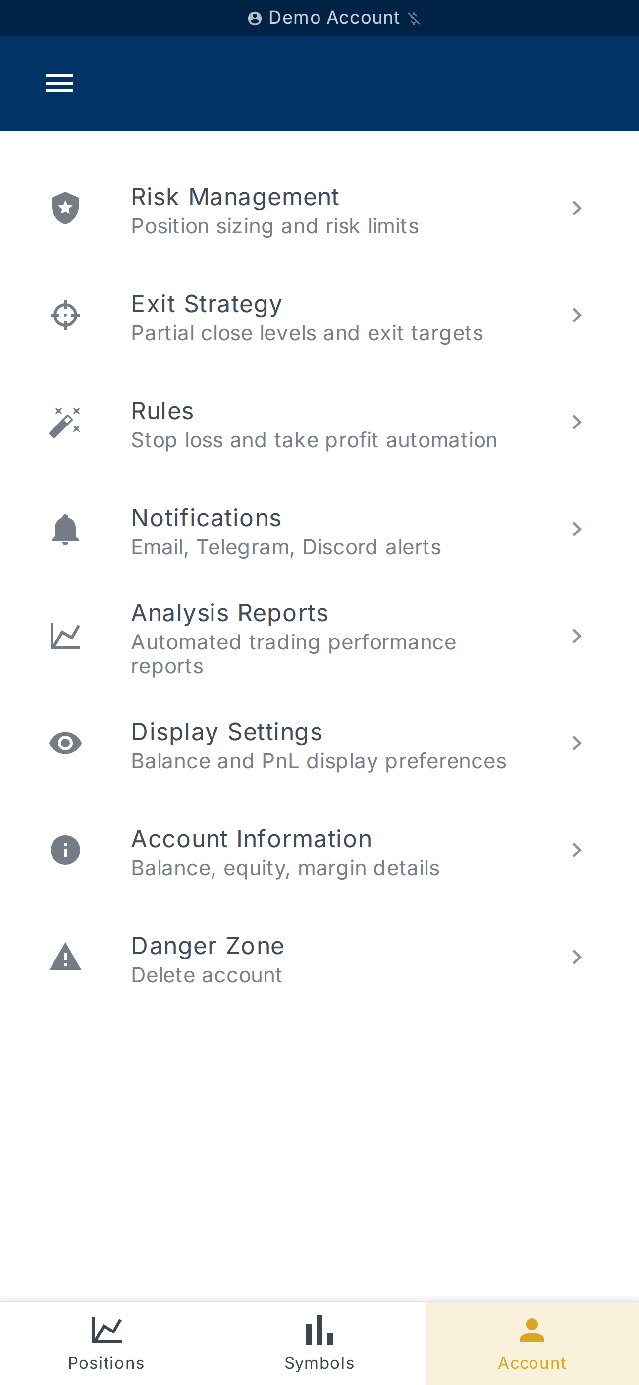 Dashboard of the selected account