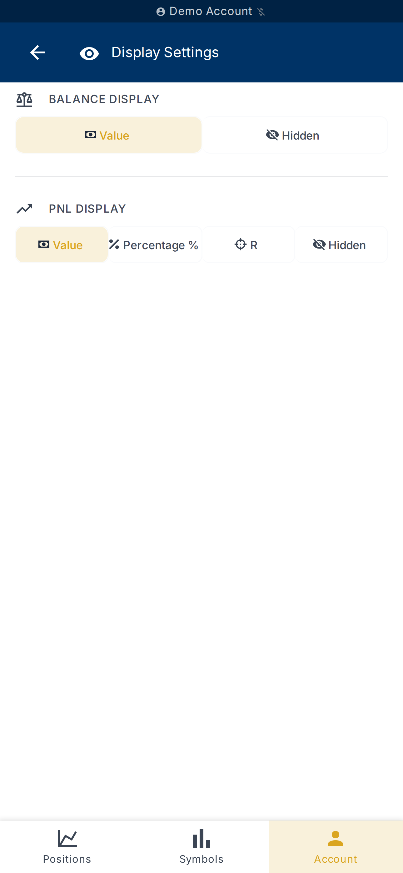 Balance and PnL display settings