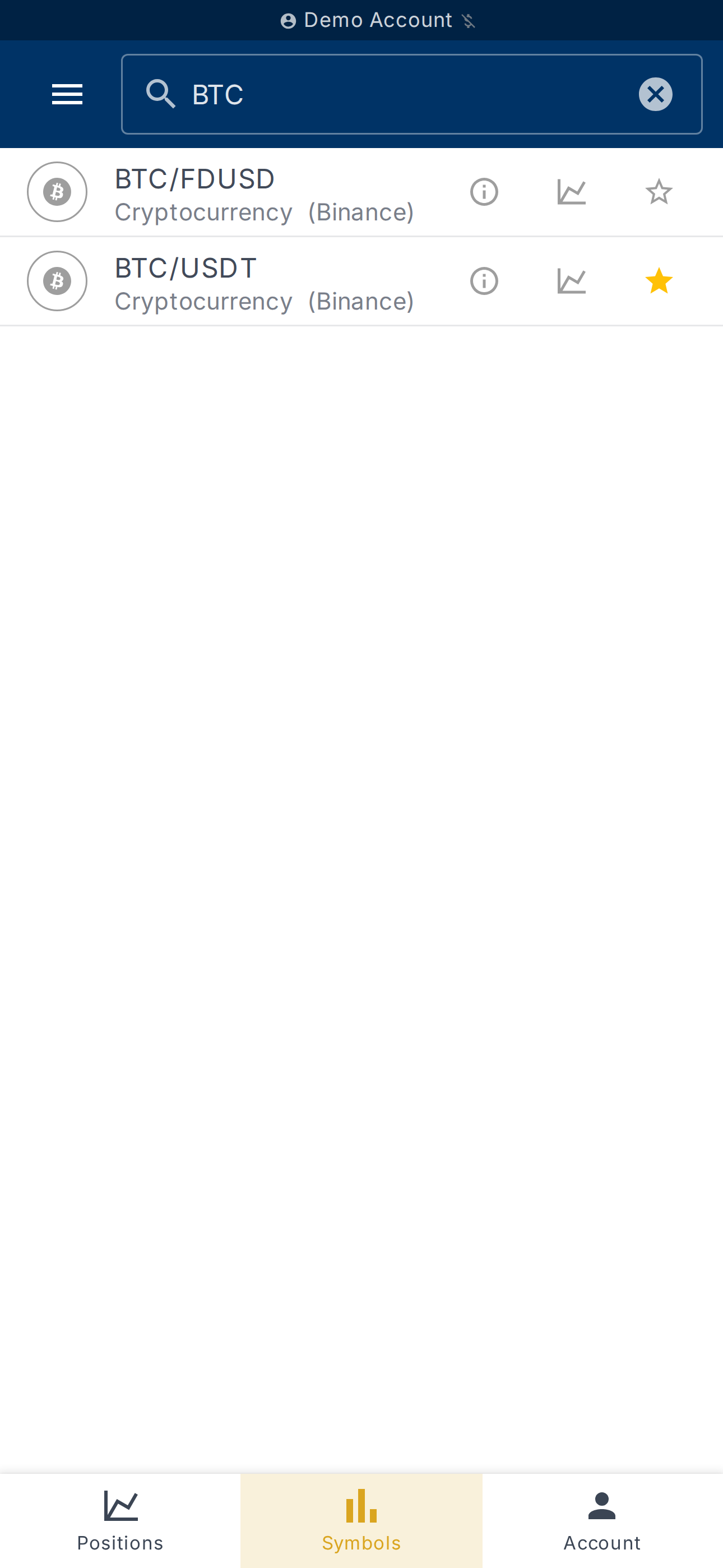 Search filtered on 'BTC' — real-time results