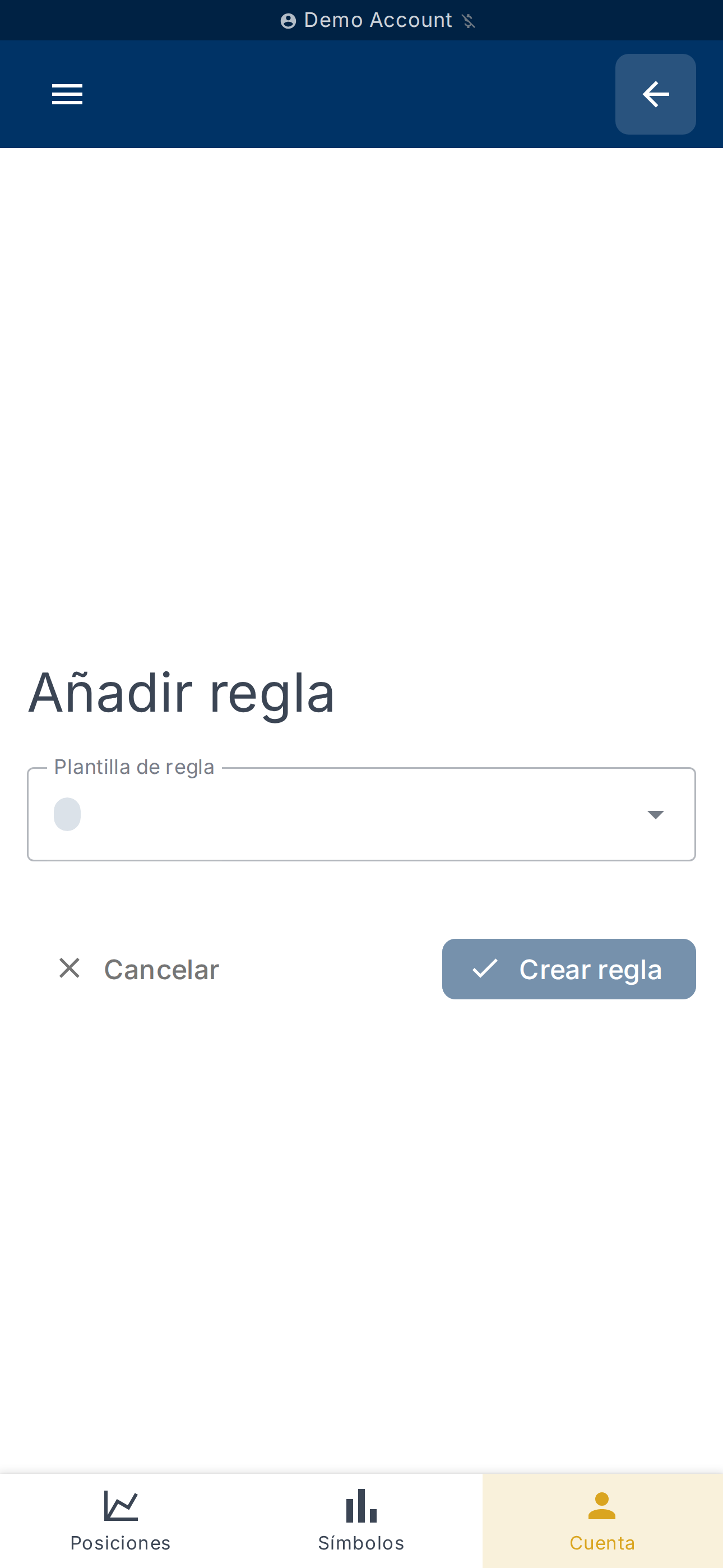 Formulario de creación de regla (plantilla, condiciones, acciones)