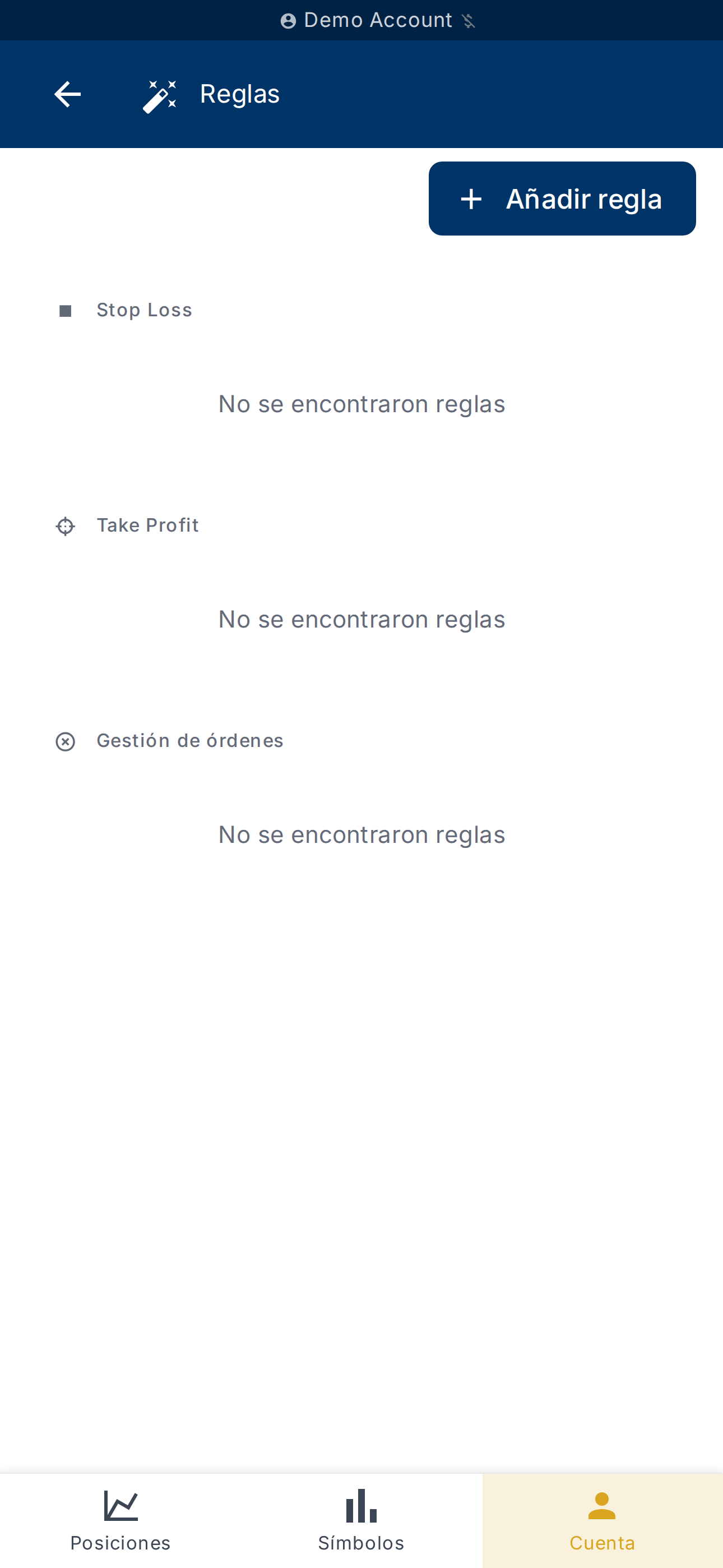 Página de Reglas de Cuenta con el botón Añadir una regla