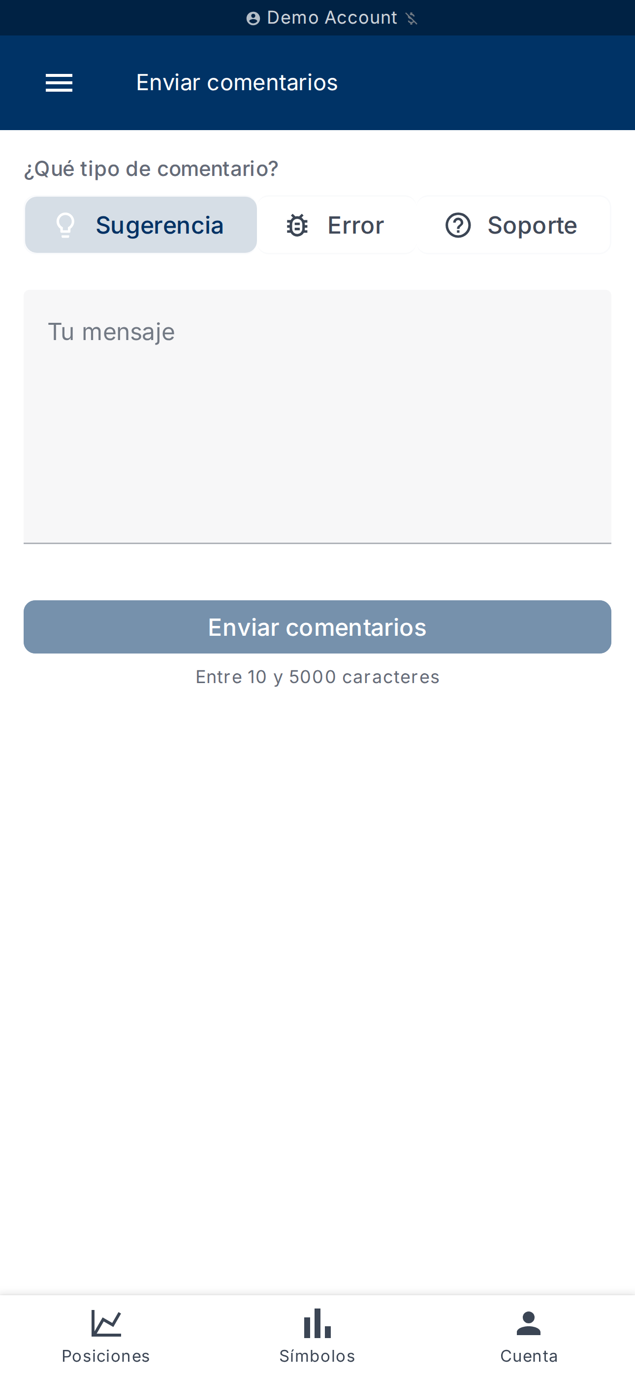 Formulario de comentarios — tipo y mensaje