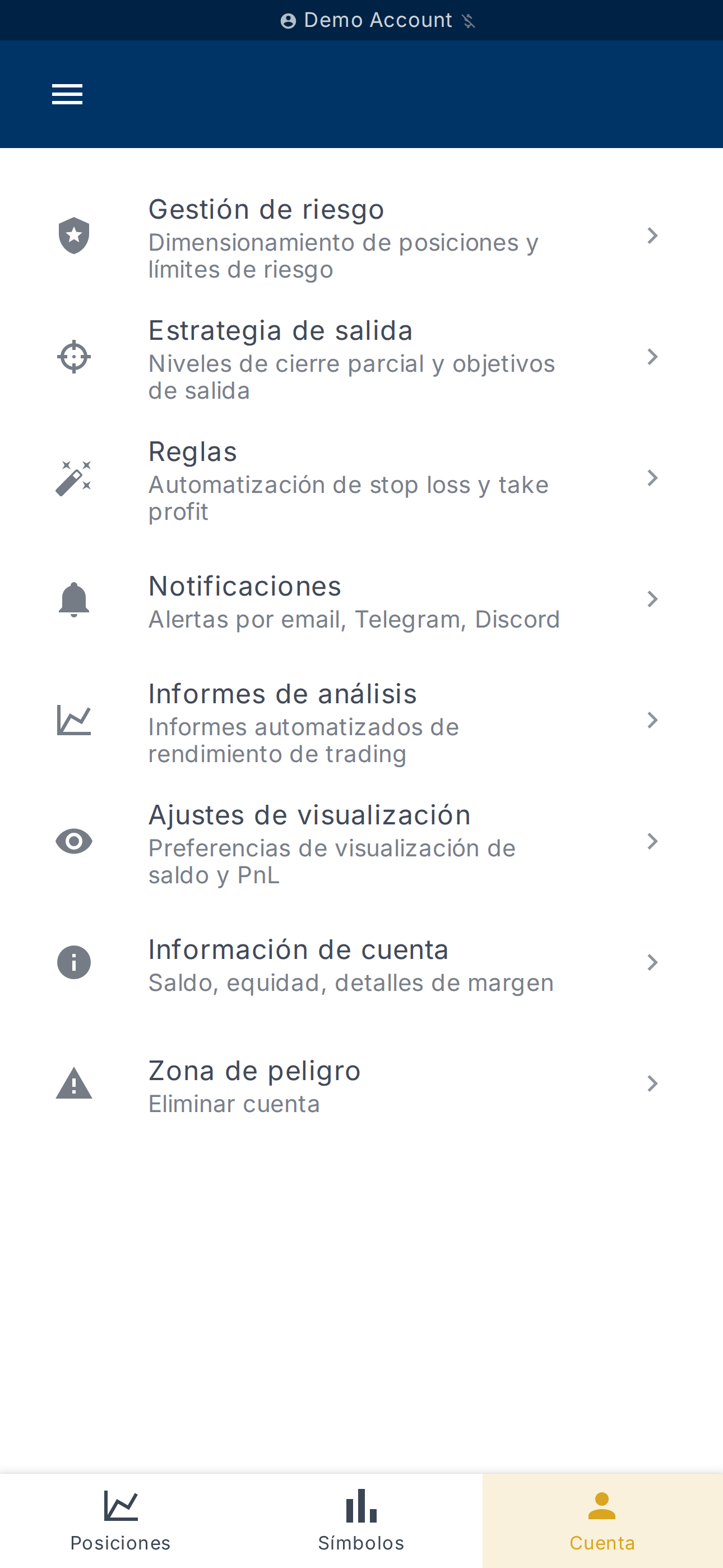 Dashboard of the selected account