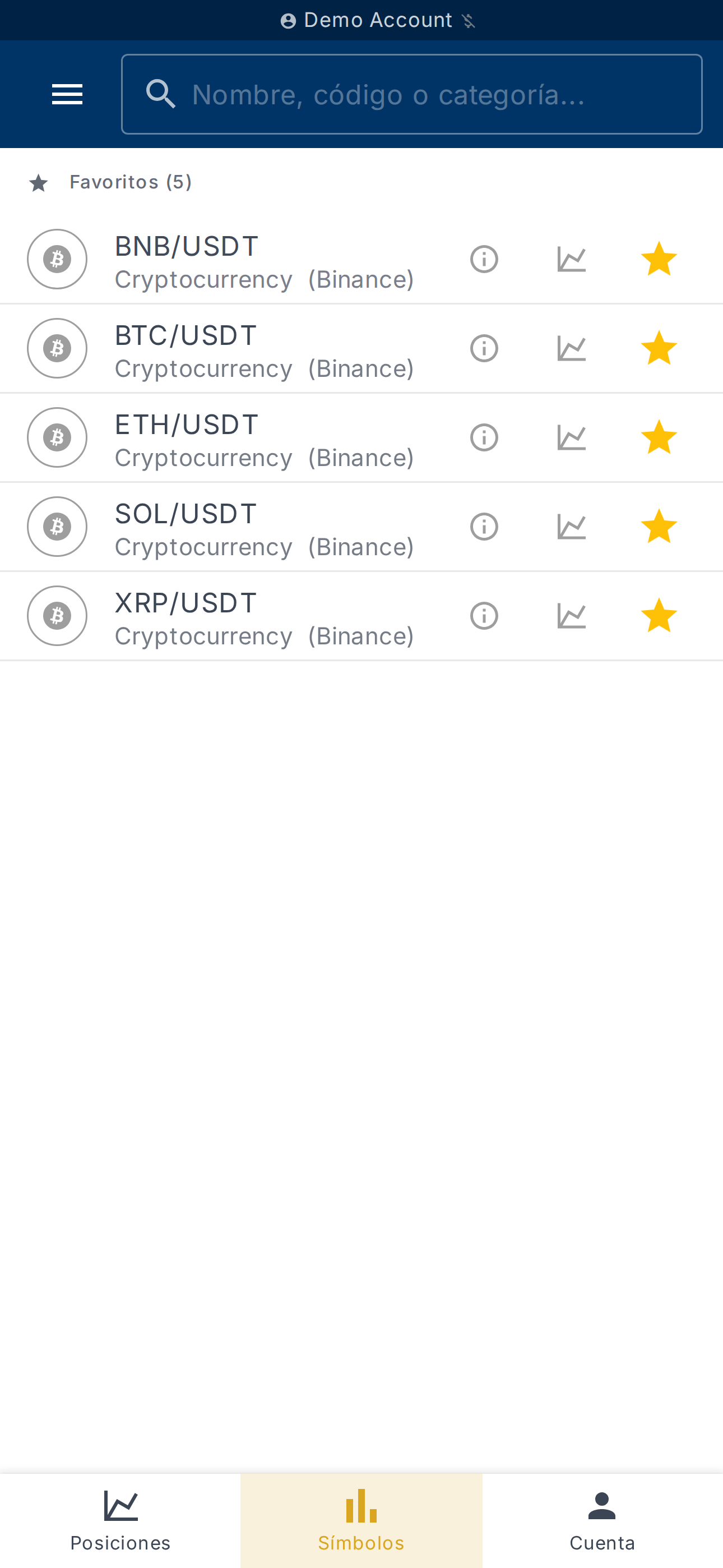 Lista de símbolos con iconos de información y favoritos