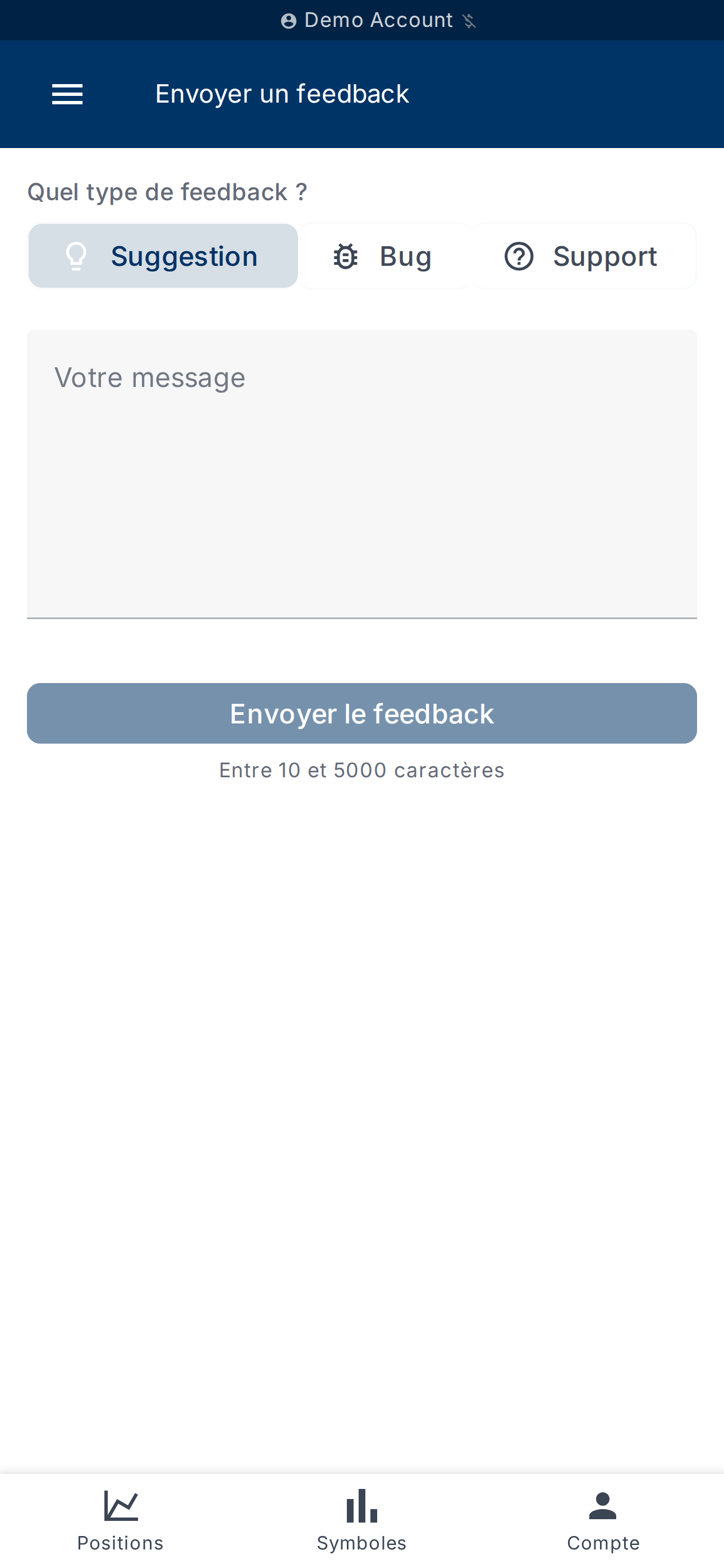 Formulaire de retour d'expérience — type et message