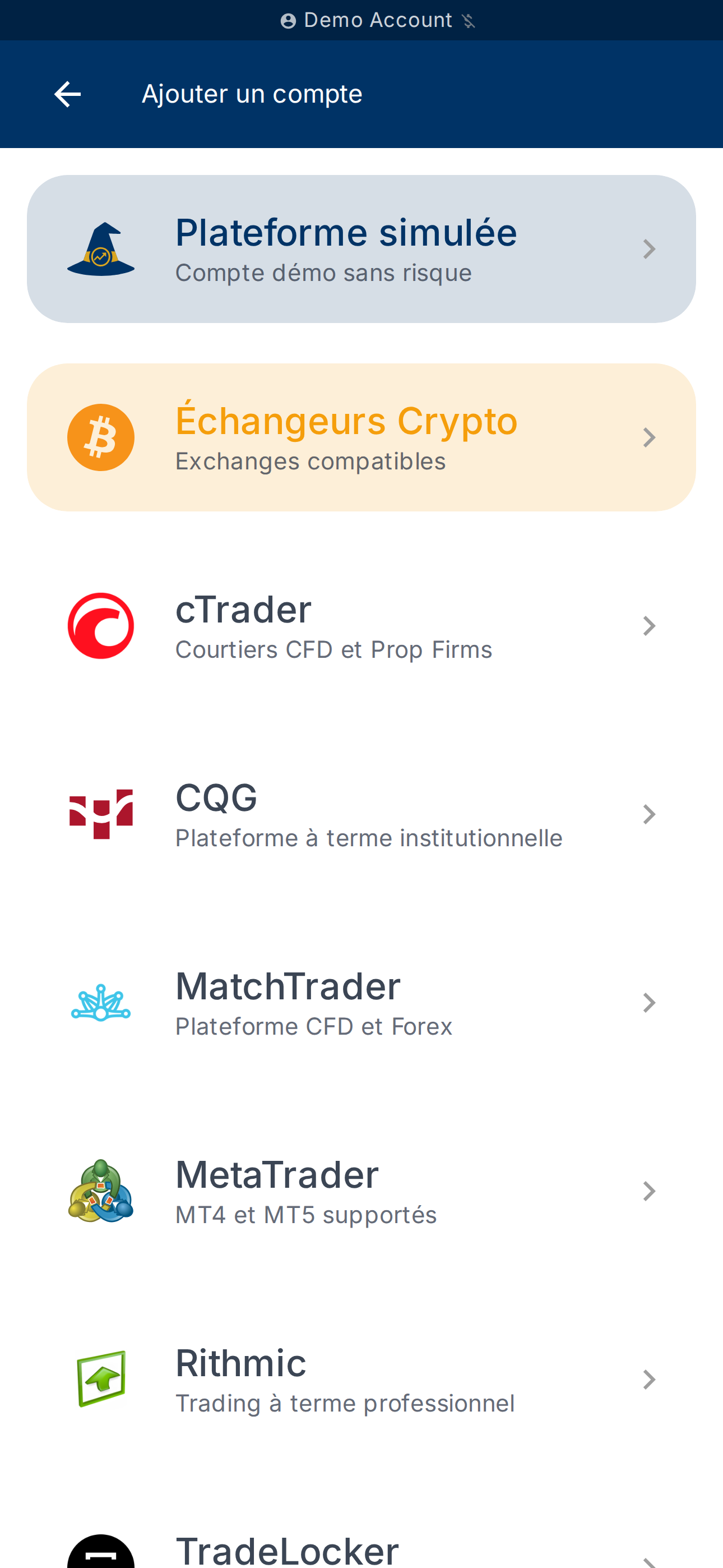 Page Ajouter un compte — liste des plateformes supportées