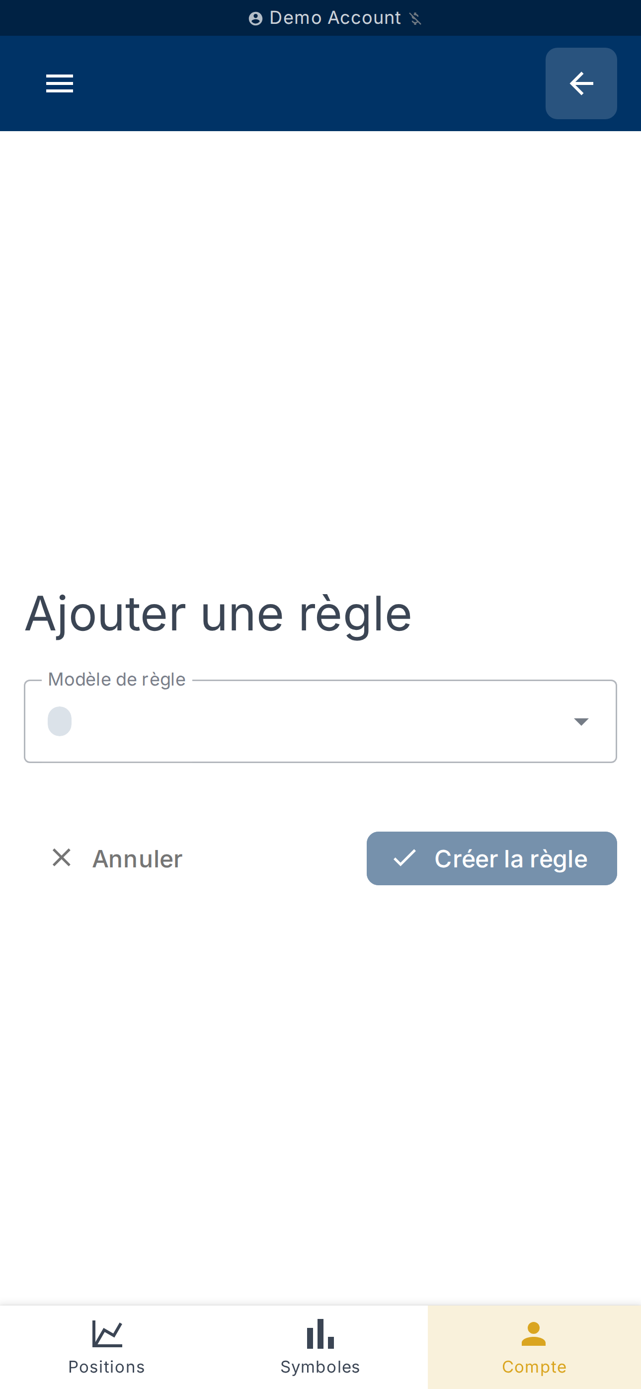 Formulaire d'ajout d'une règle (modèle, conditions, actions)