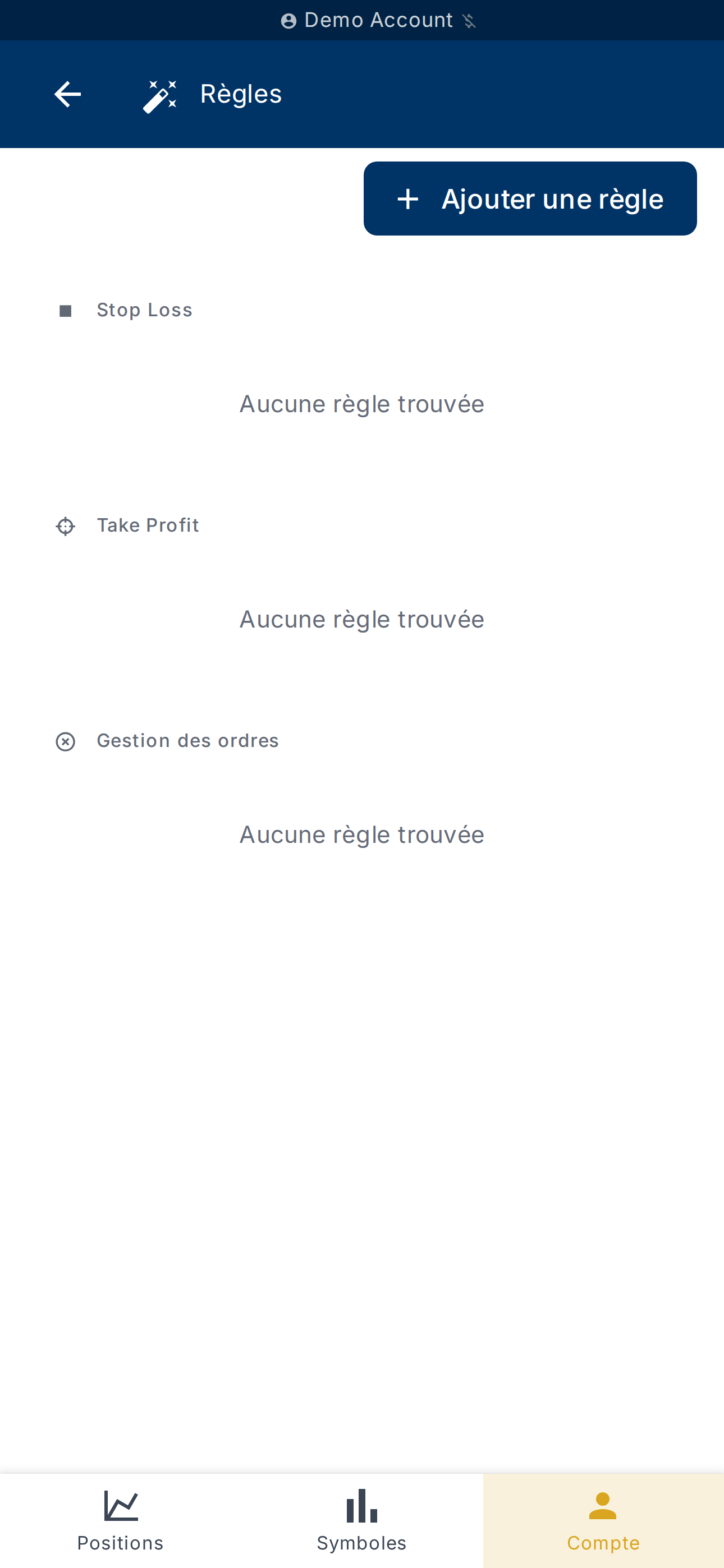 Page Règles d'un compte avec le bouton Ajouter une règle