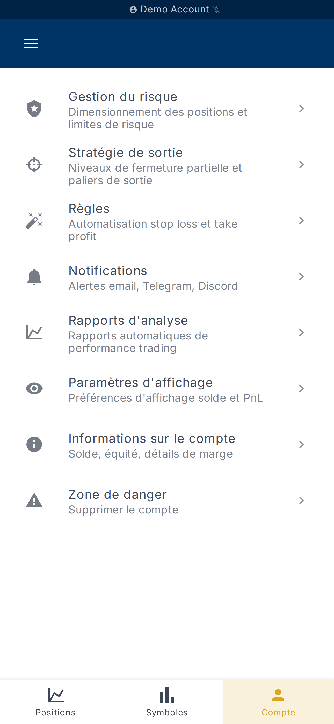Tableau de bord du compte sélectionné