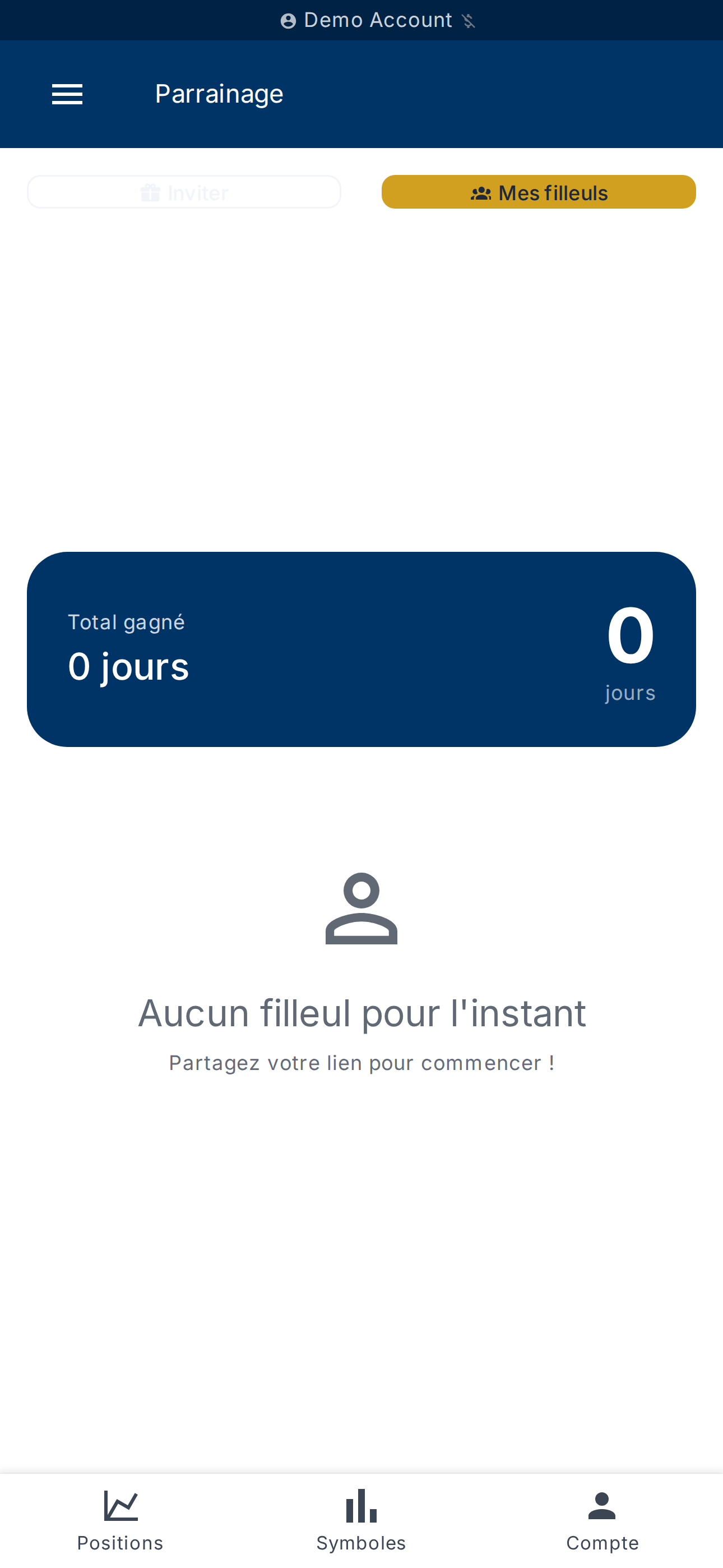 Onglet Mes filleuls — liste et compteur de jours gagnés