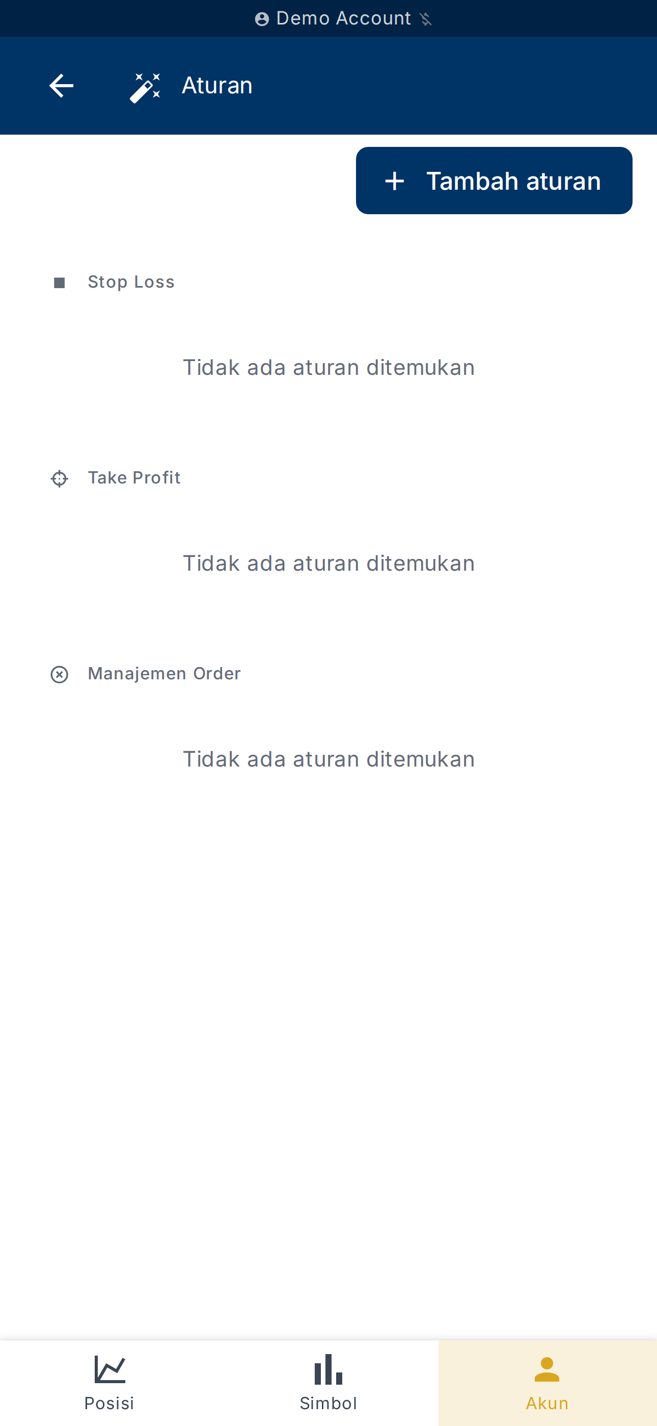 Halaman Aturan Akun dengan tombol Tambahkan aturan
