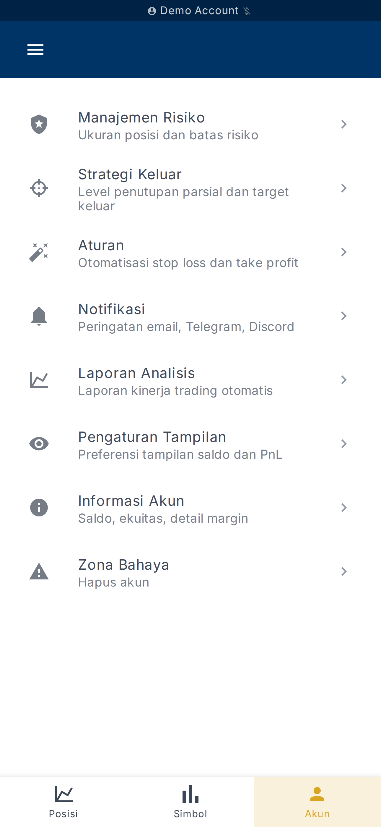 Dasbor akun yang dipilih