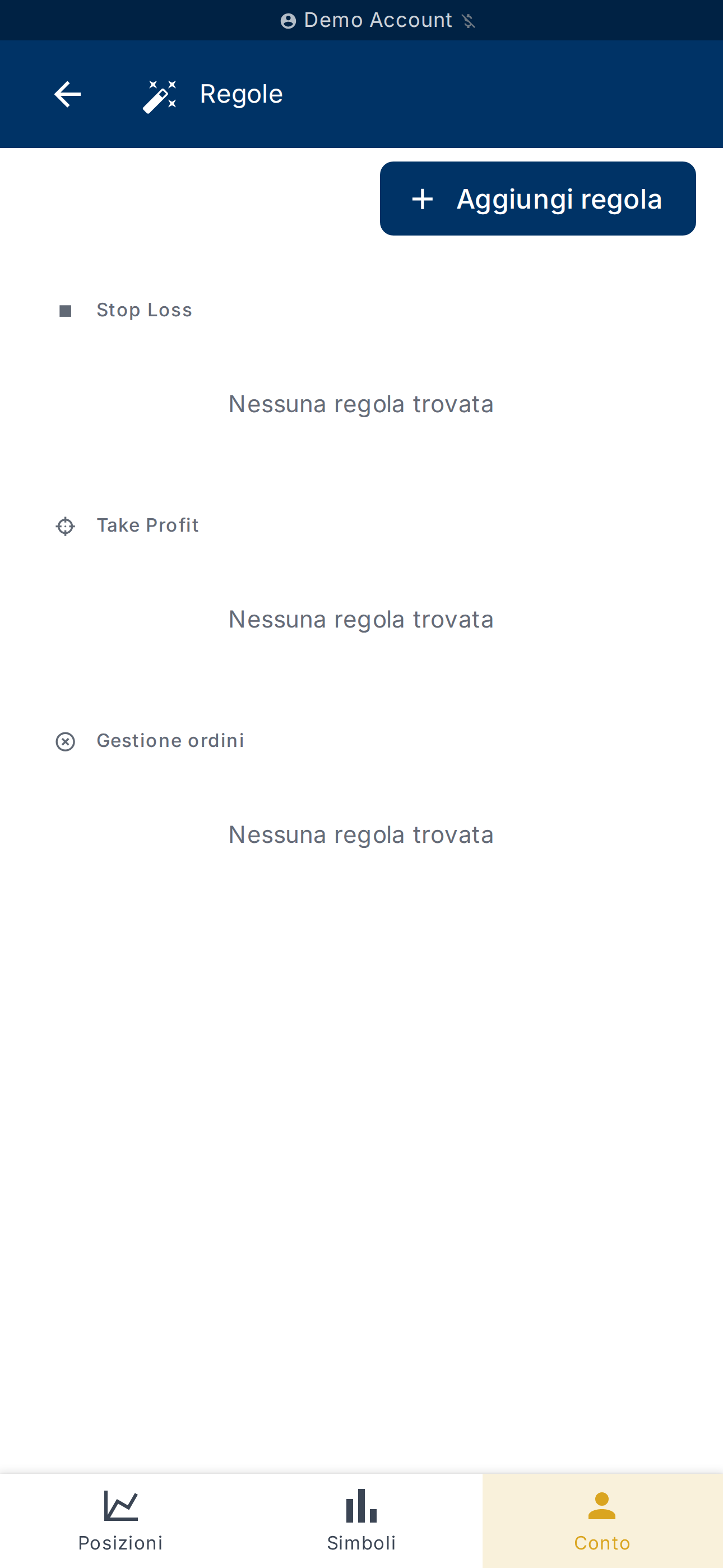 Pagina Regole Account con il pulsante Aggiungi una regola
