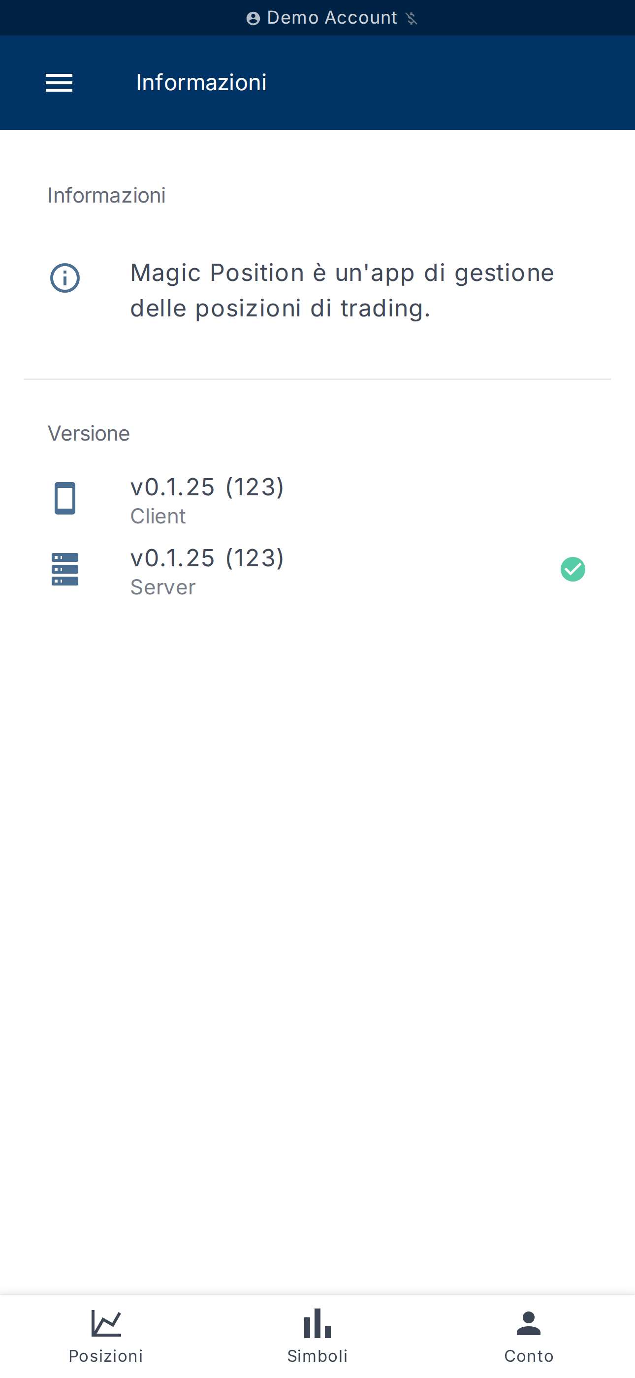 Pagina Informazioni — versioni client e server