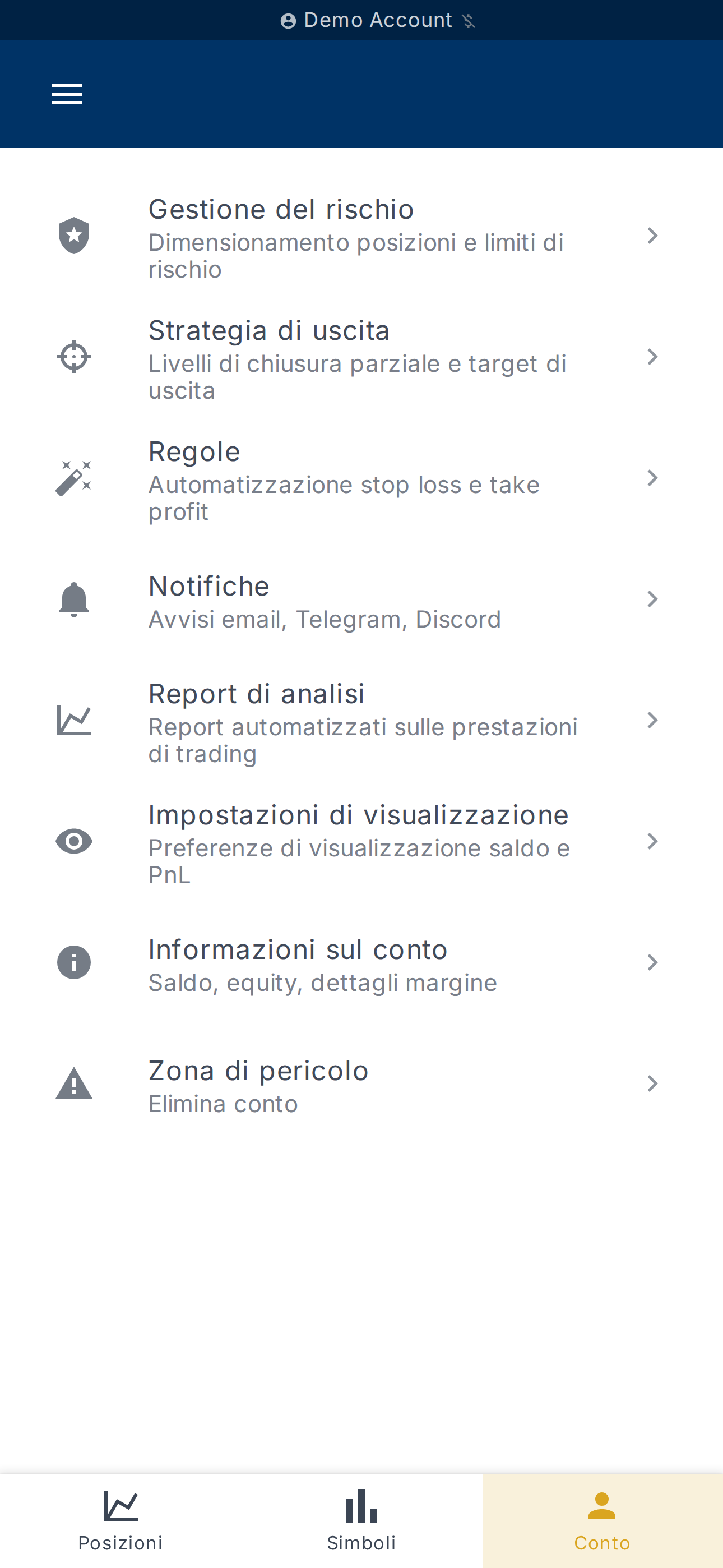 Pannello di controllo del conto selezionato