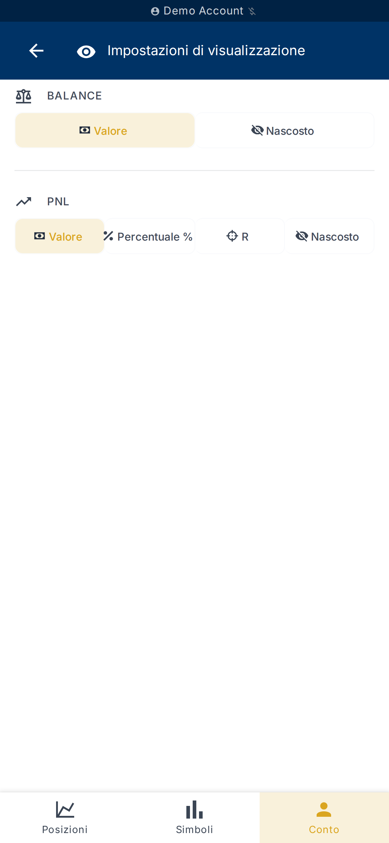 Impostazioni di visualizzazione del saldo e del PnL