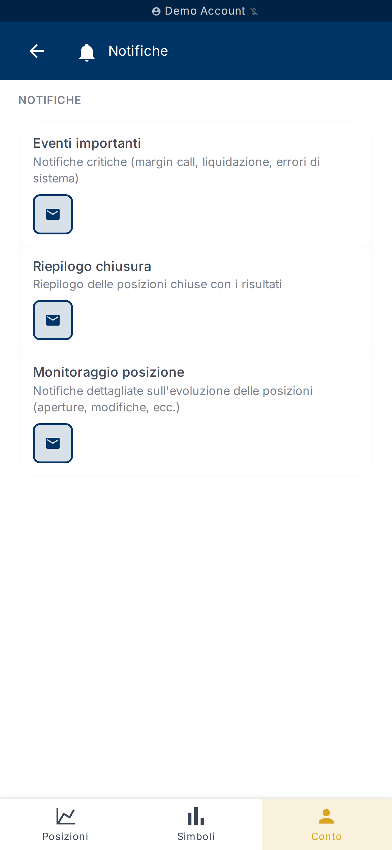 Preferenze di visualizzazione del saldo e del P&L