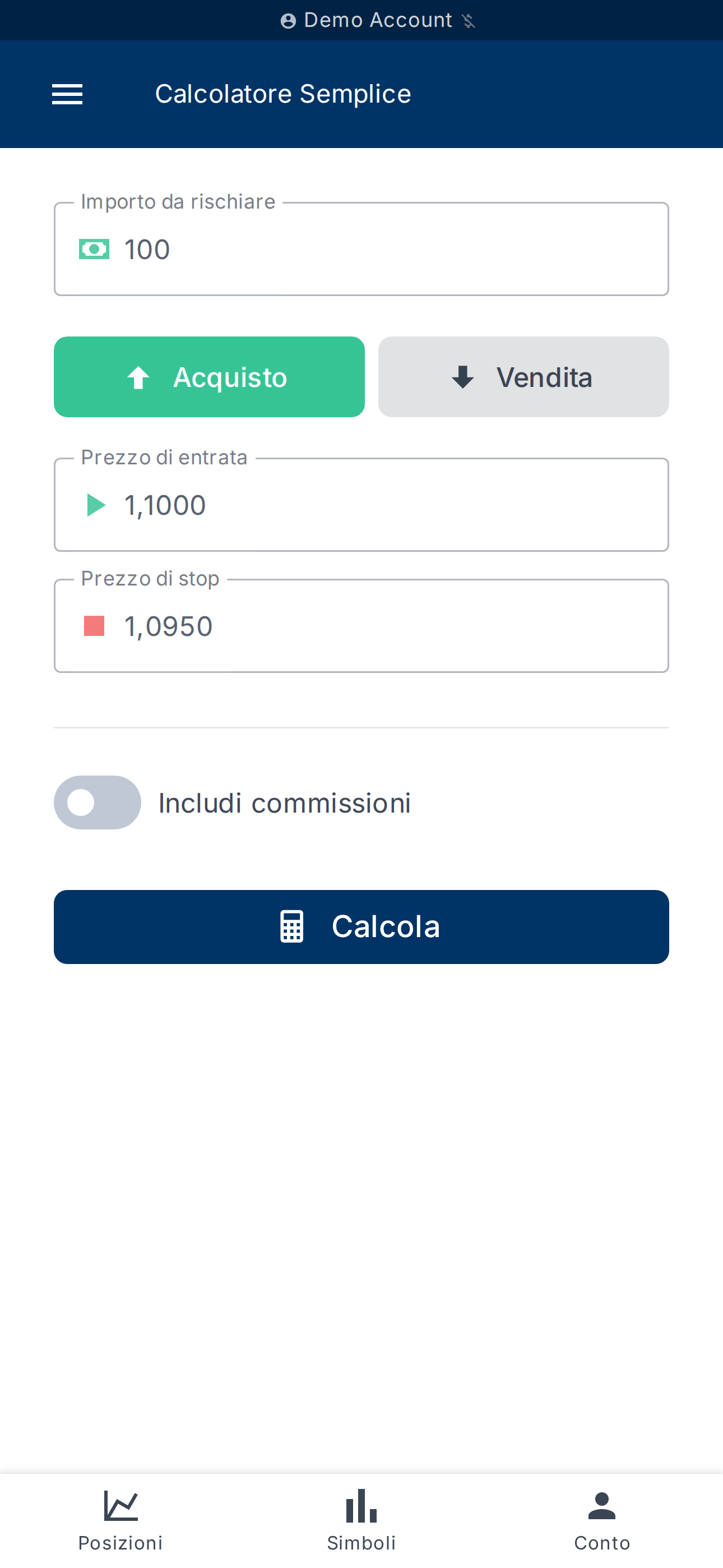 Calcolatrice posizione semplice — per simulazioni rapide