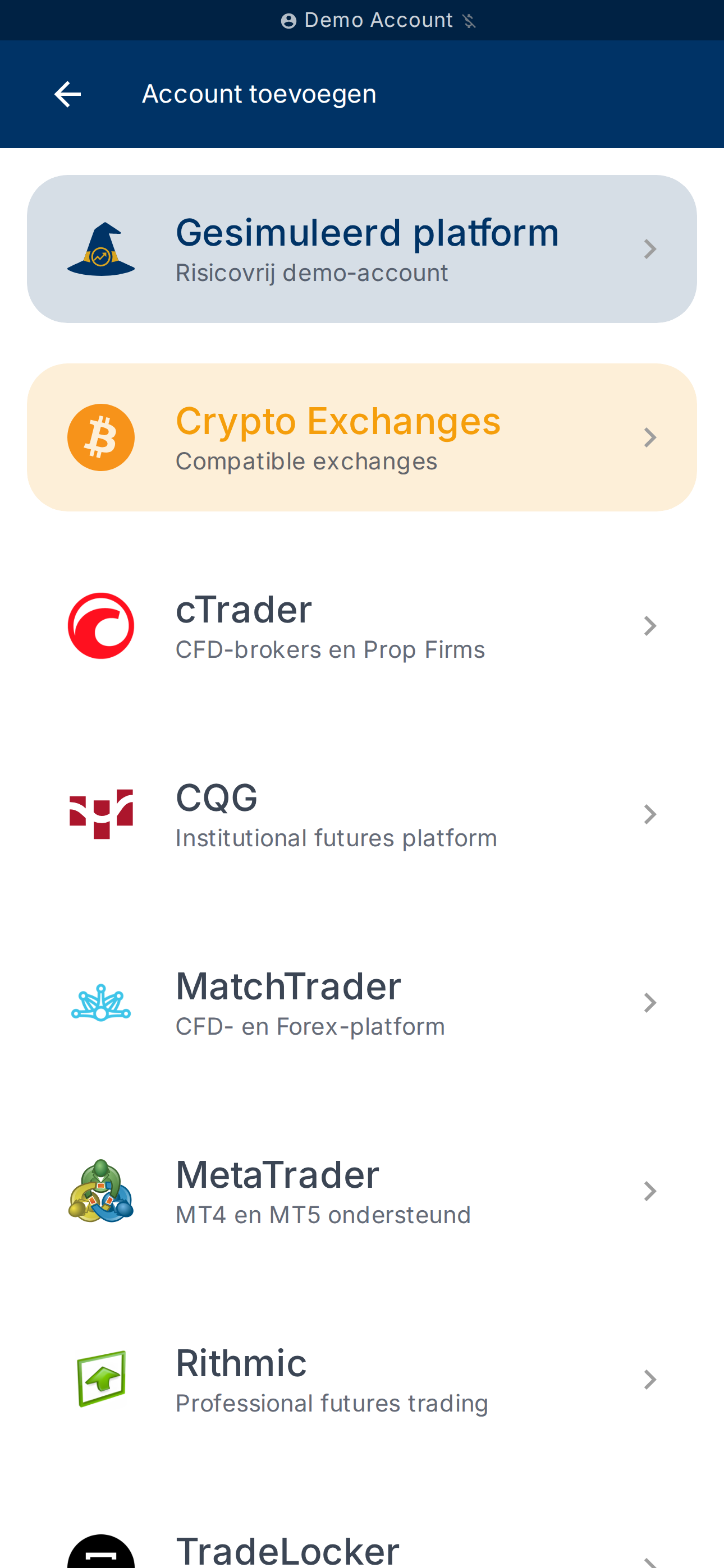 Pagina Account toevoegen — lijst met ondersteunde platforms