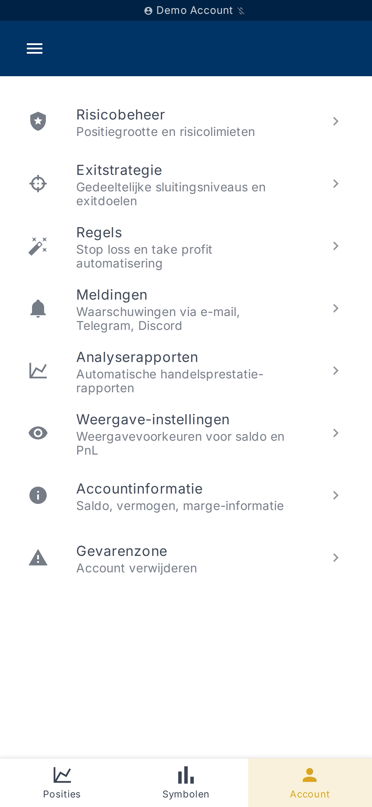 Dashboard van het geselecteerde account