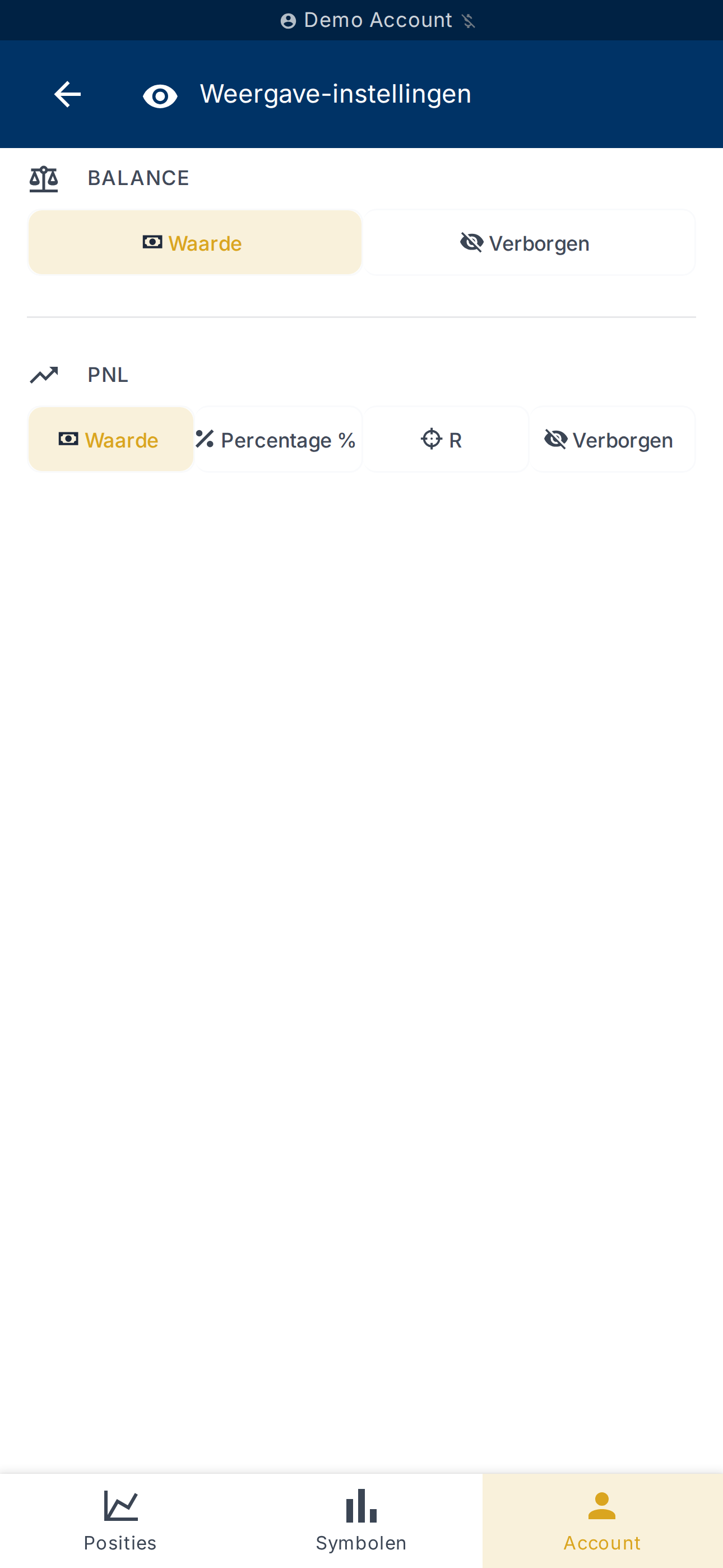 Weergave-instellingen voor saldo en PnL