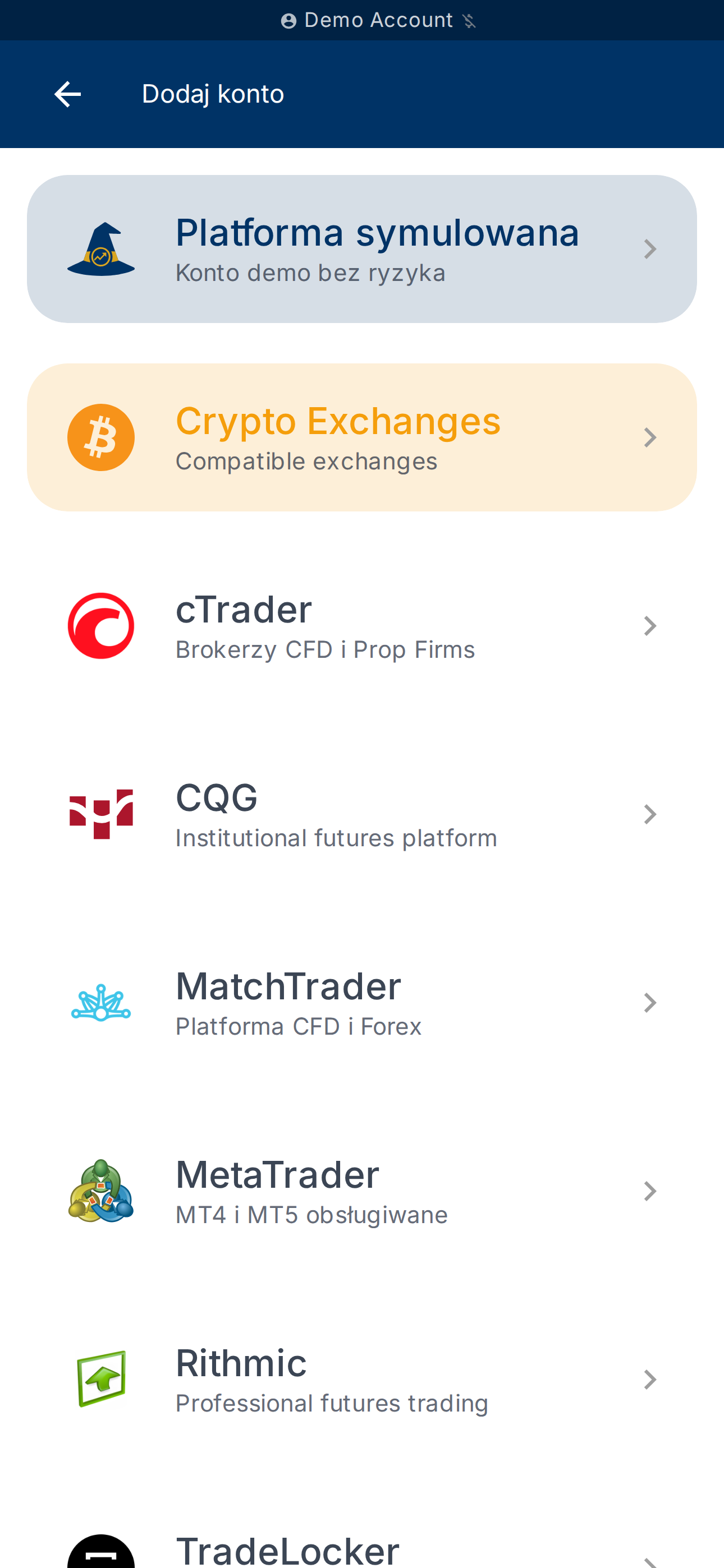 Strona Dodaj konto — lista obsługiwanych platform