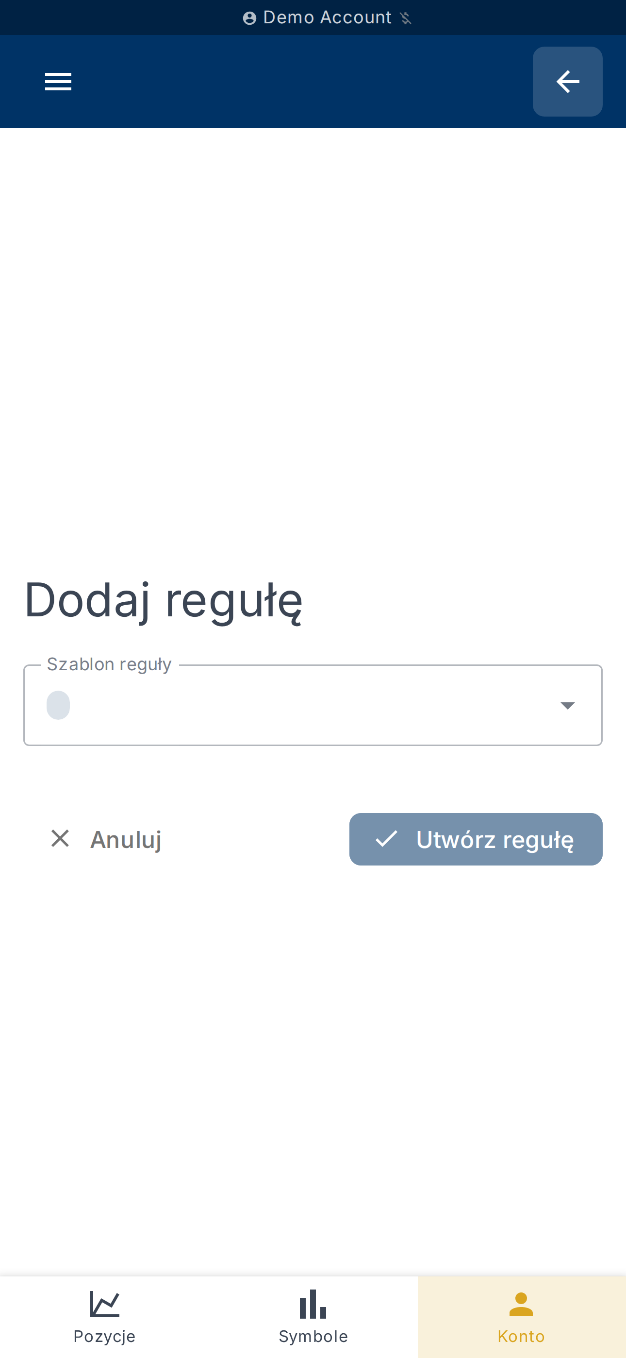 Formularz tworzenia reguły (szablon, warunki, akcje)