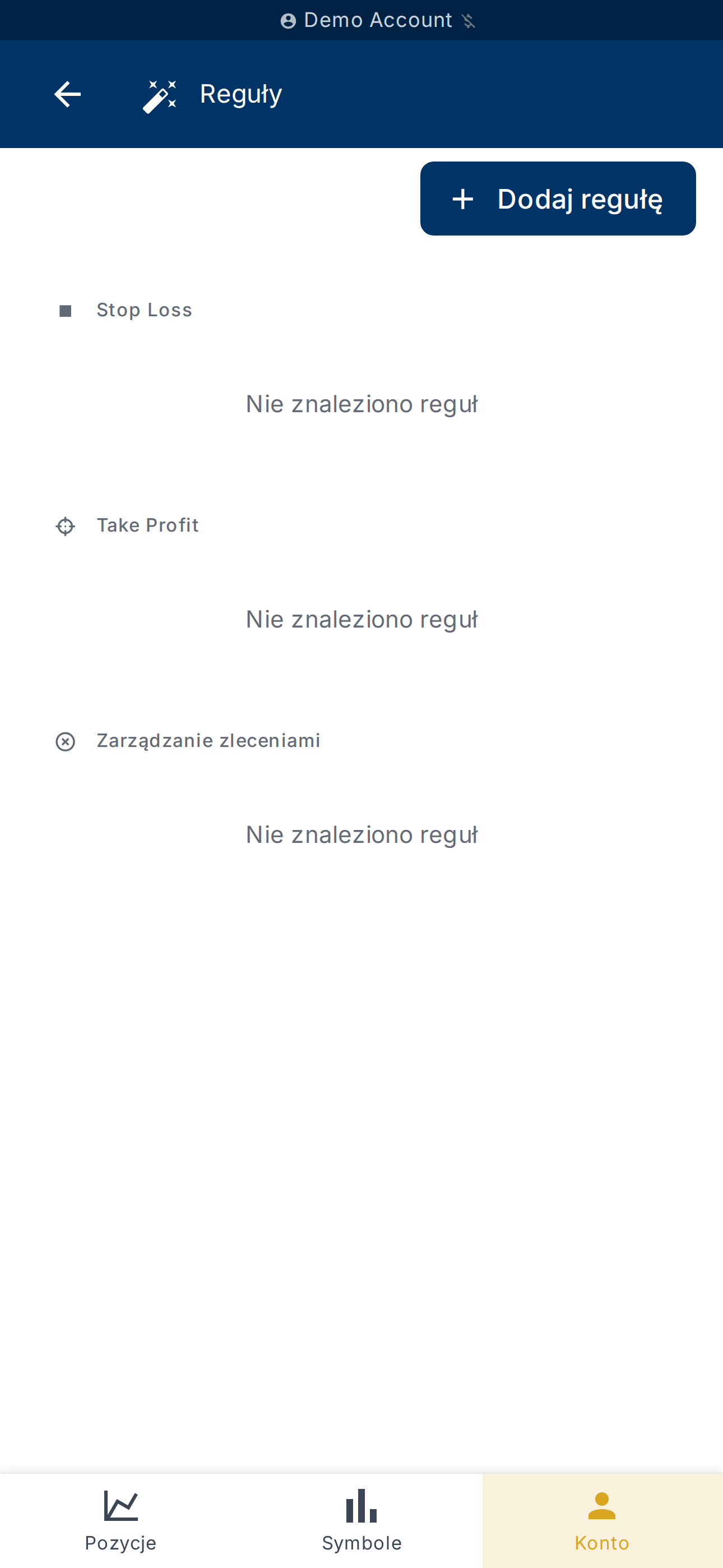 Strona Reguł konta z przyciskiem Dodaj regułę
