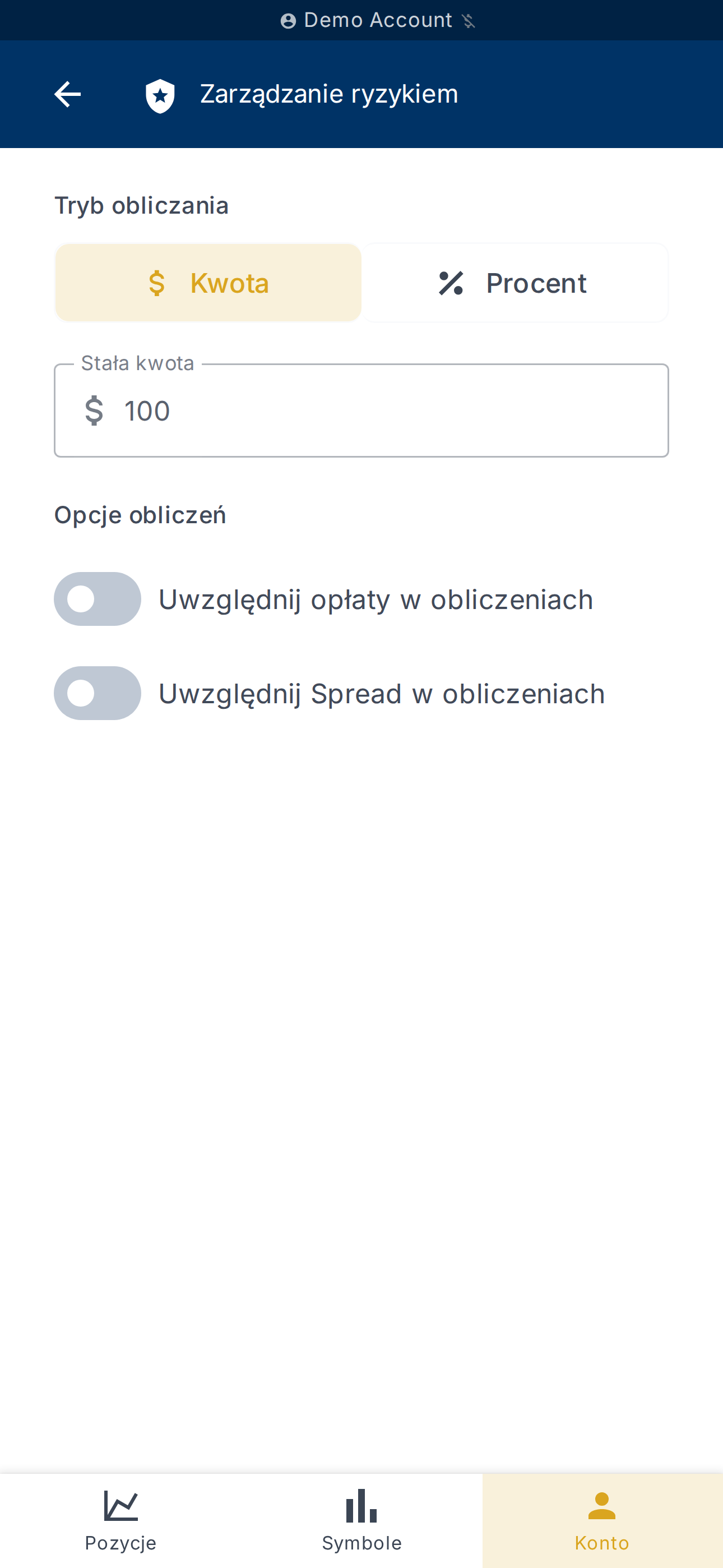 Ustawienia polityki ryzyka konta
