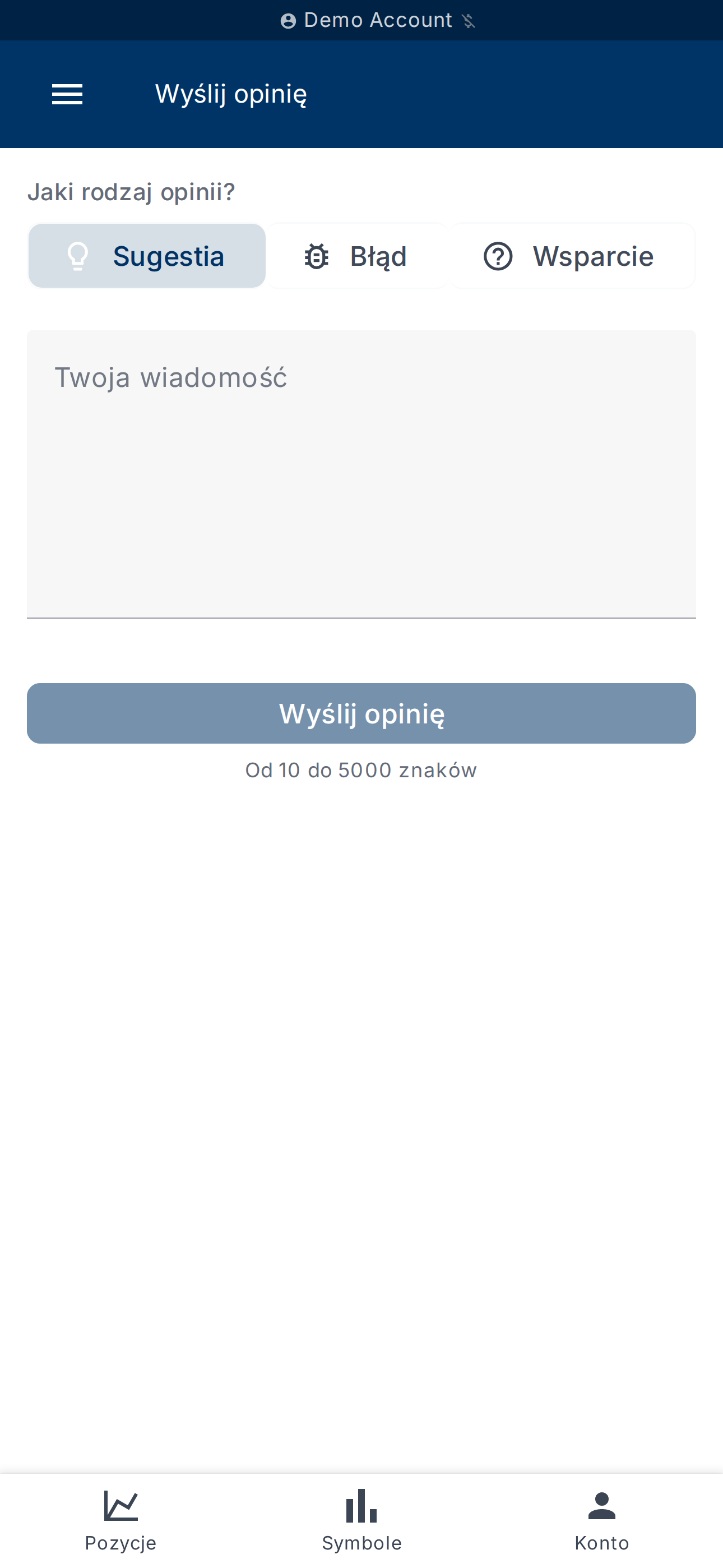 Formularz opinii — typ i treść wiadomości
