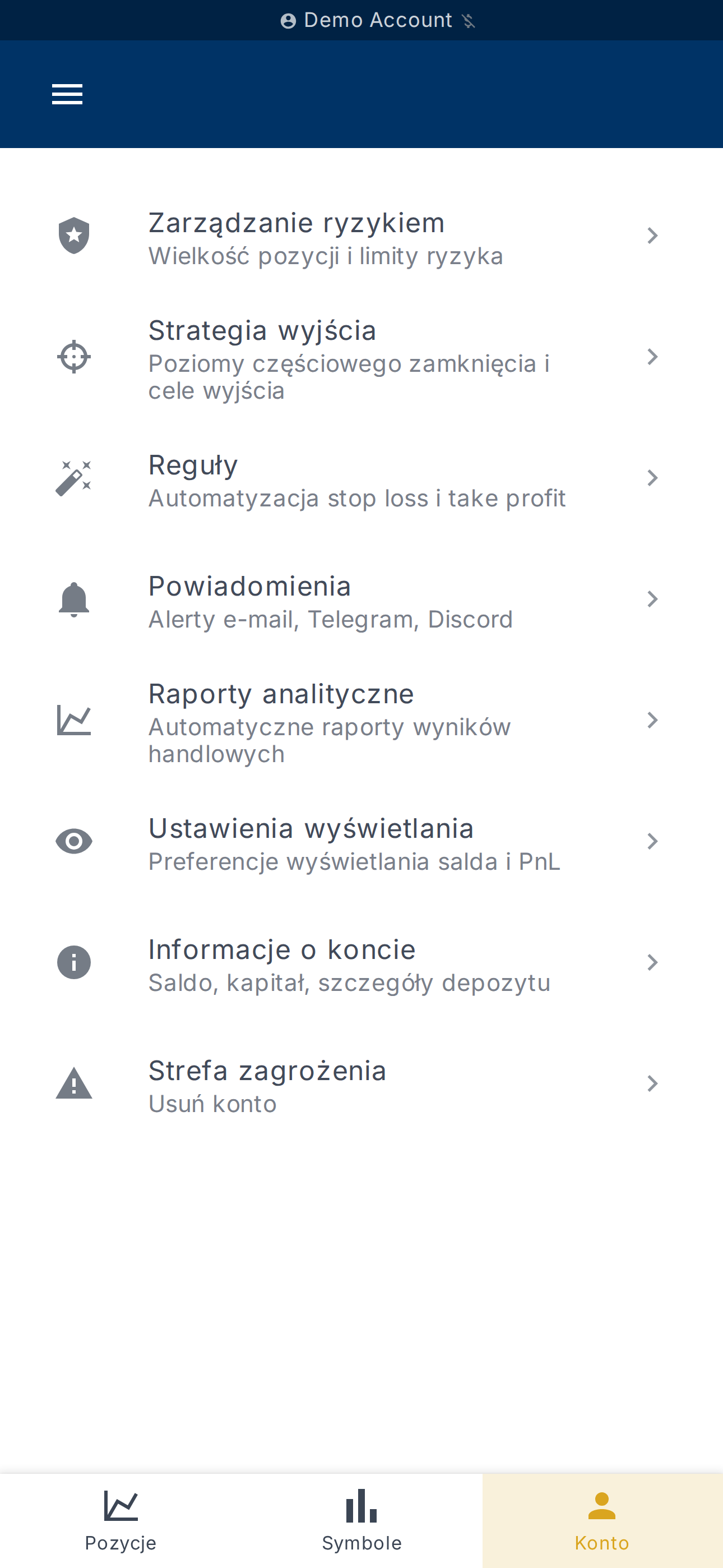 Pulpit nawigacyjny wybranego konta