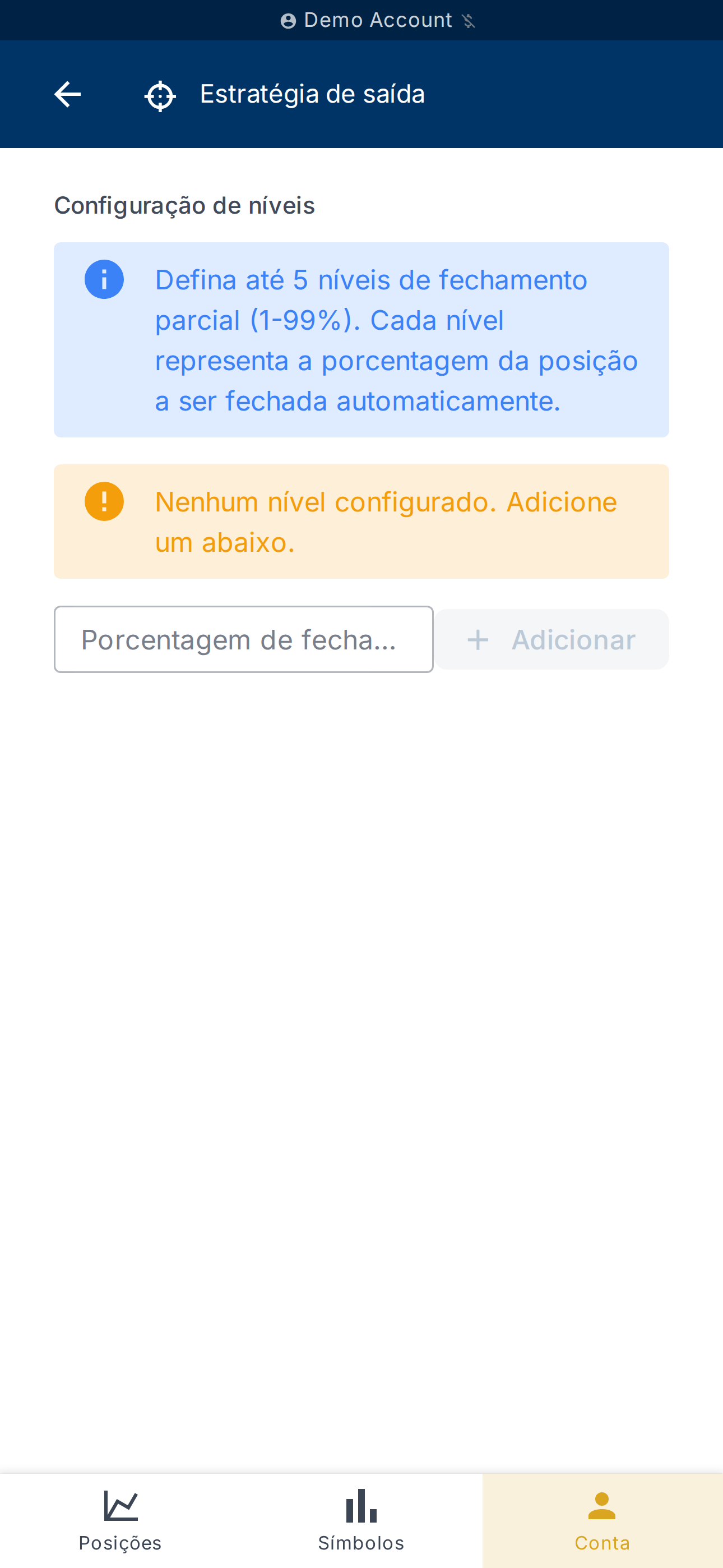 Configuração dos níveis de fechamento parcial