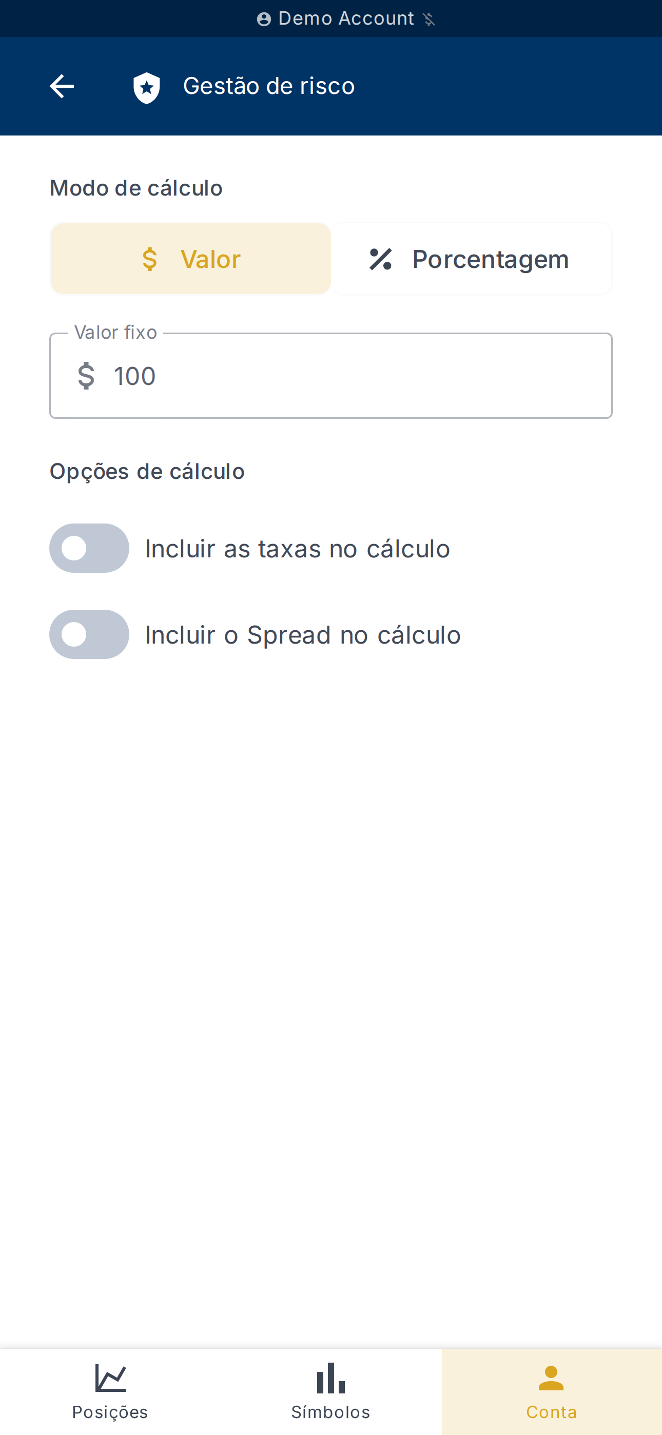 Configurações da política de risco da conta