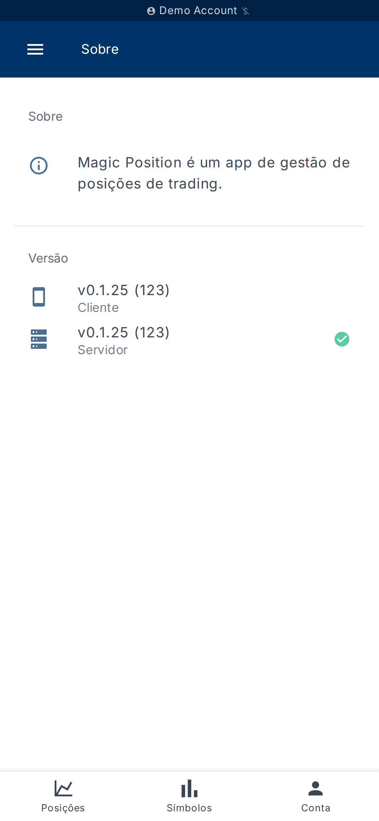 Página Sobre — versões do cliente e do servidor