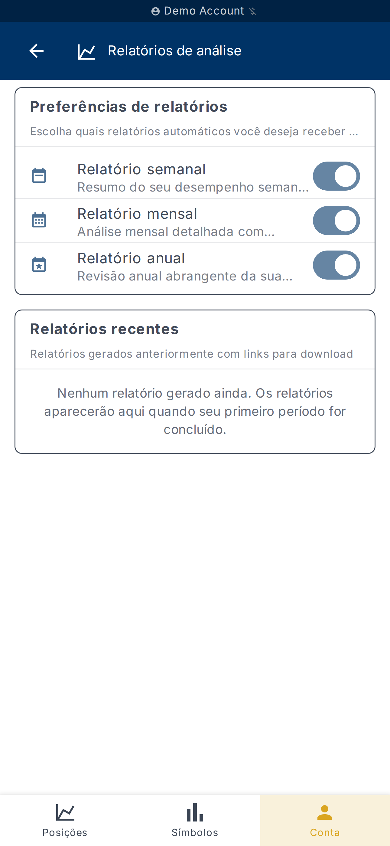 Preferências dos relatórios de desempenho