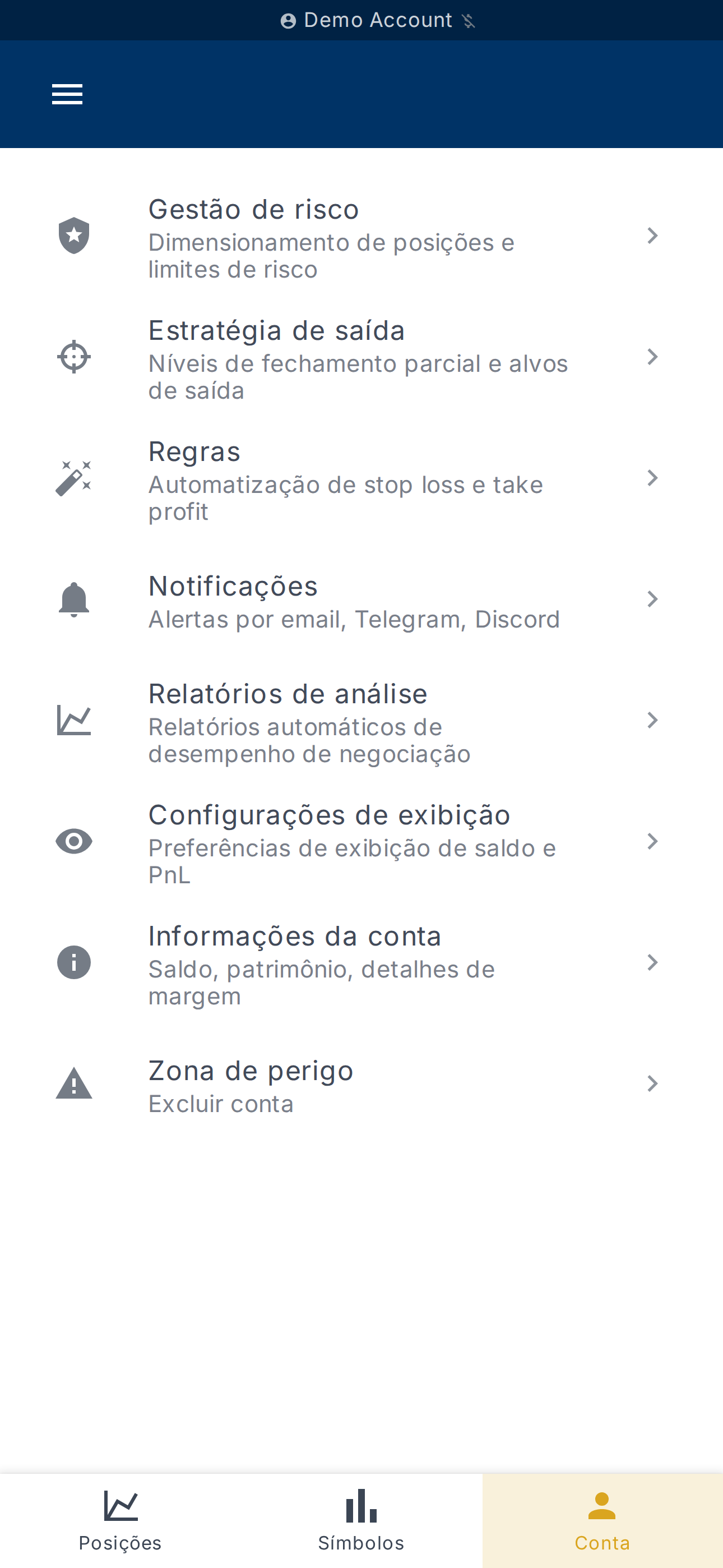 Painel da conta selecionada