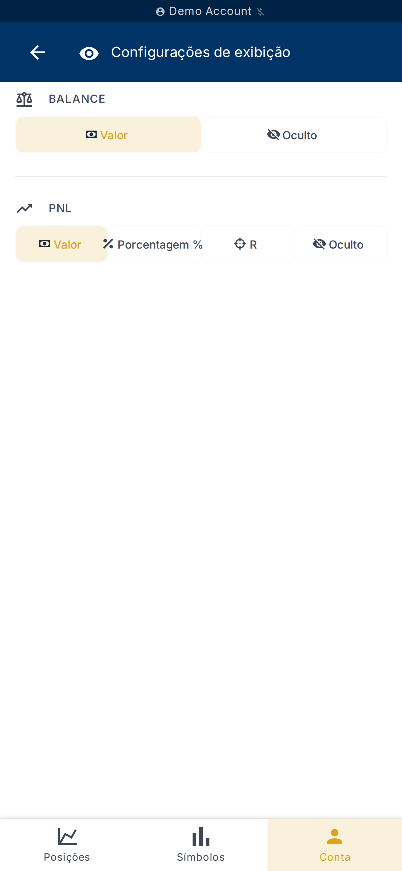 Configurações de exibição do saldo e do PnL