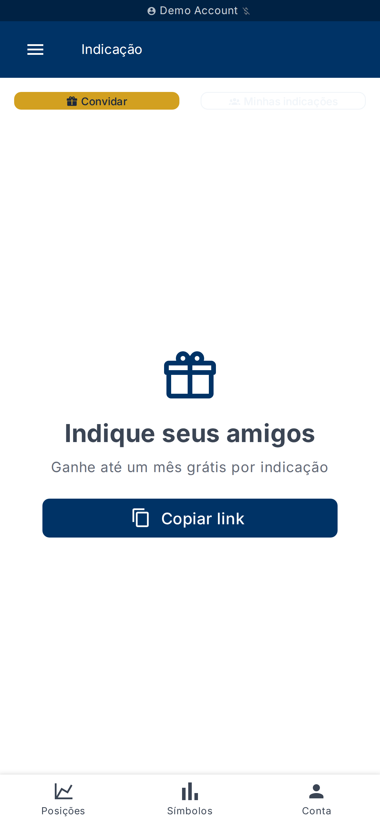 Aba Convidar — compartilhar ou copiar seu link