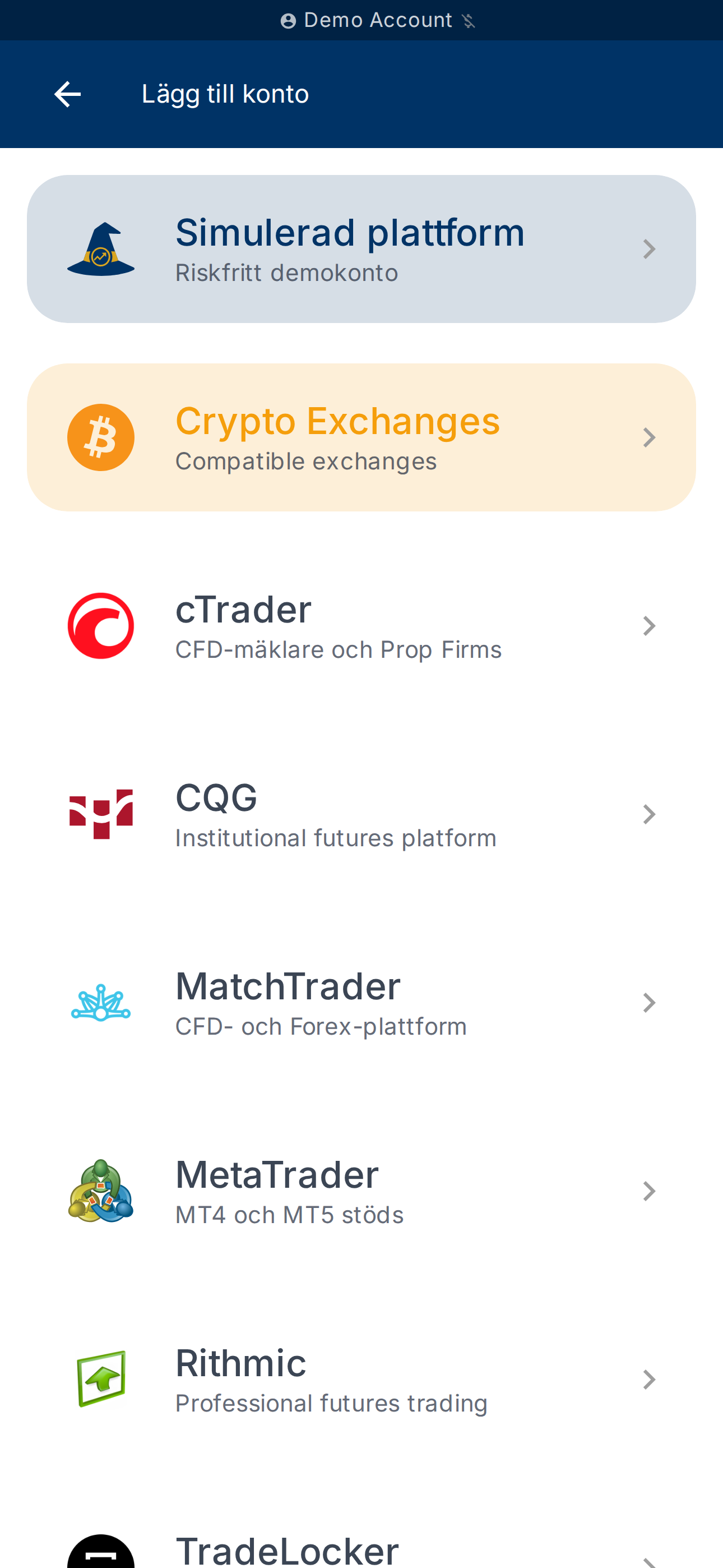 Sidan Lägg till ett konto — lista över plattformar som stöds