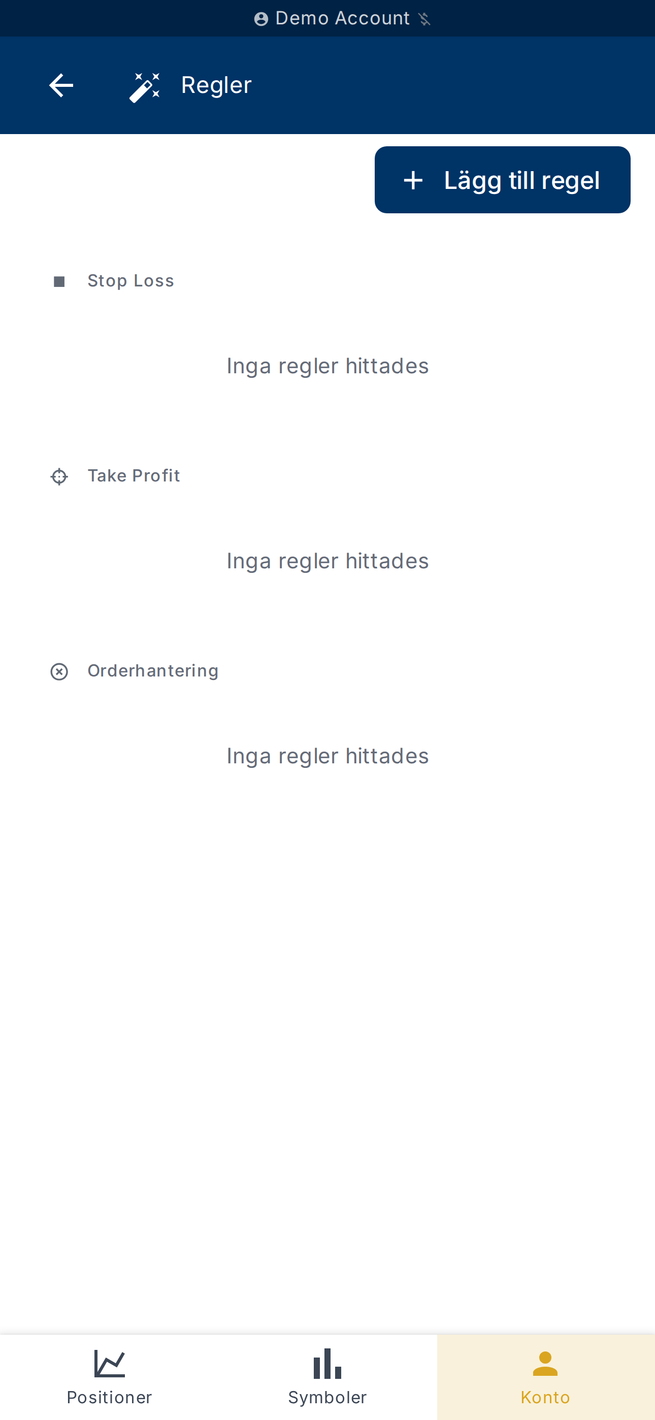 Sidan Kontoregler med knappen Lägg till en regel
