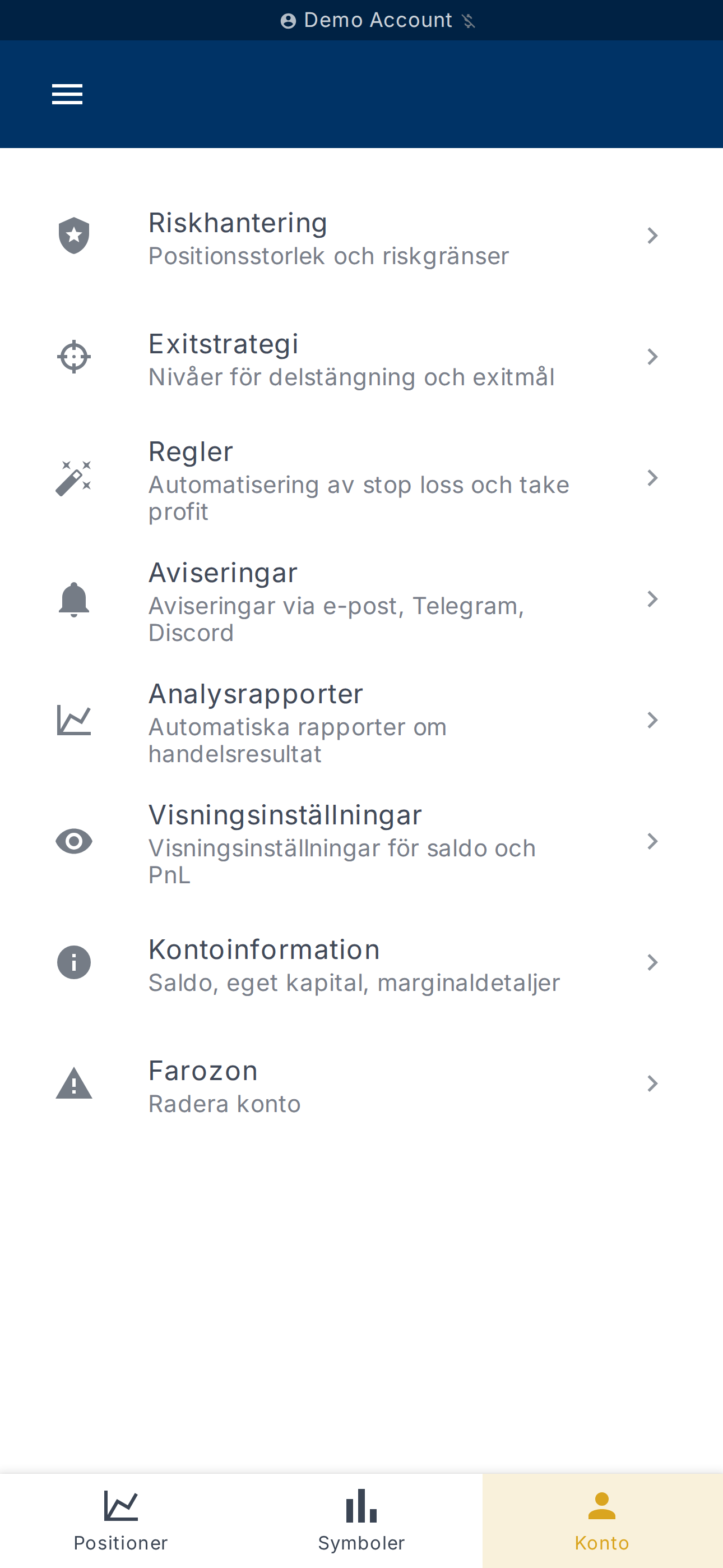 Instrumentpanel för det valda kontot