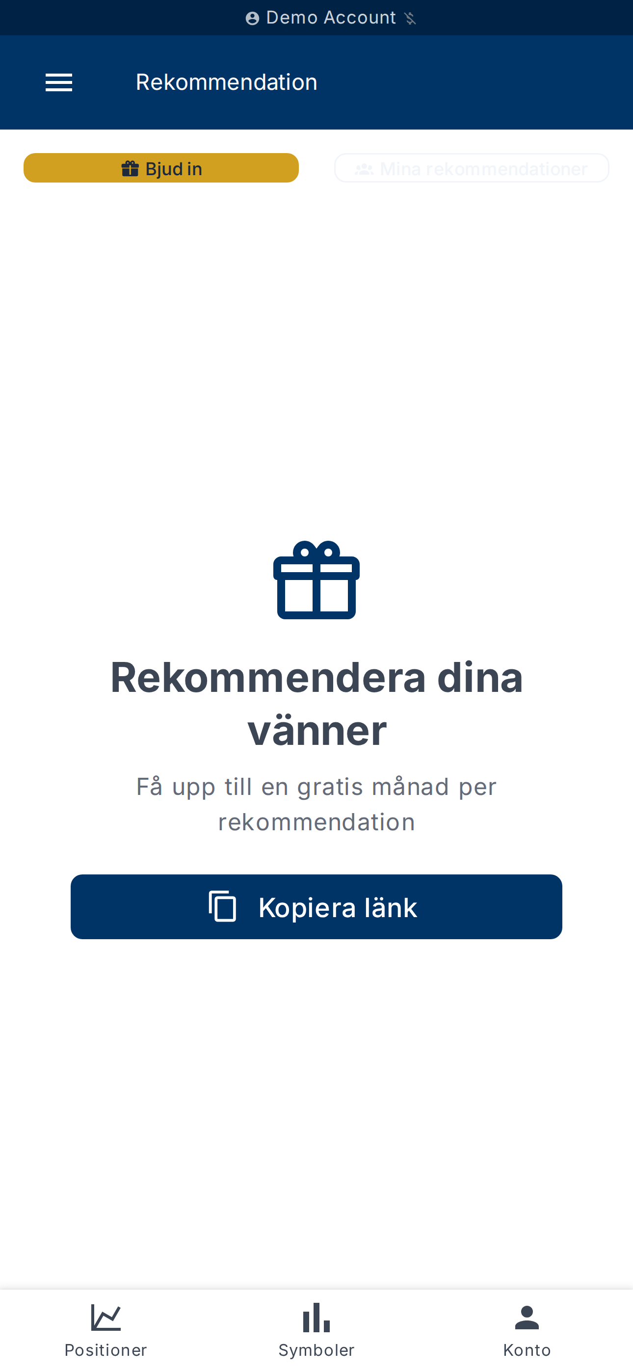 Fliken Bjud in — dela eller kopiera din länk