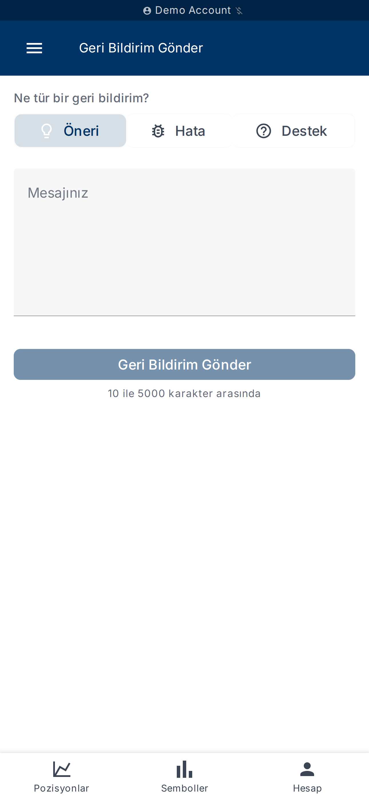 Geri bildirim formu — tür ve mesaj