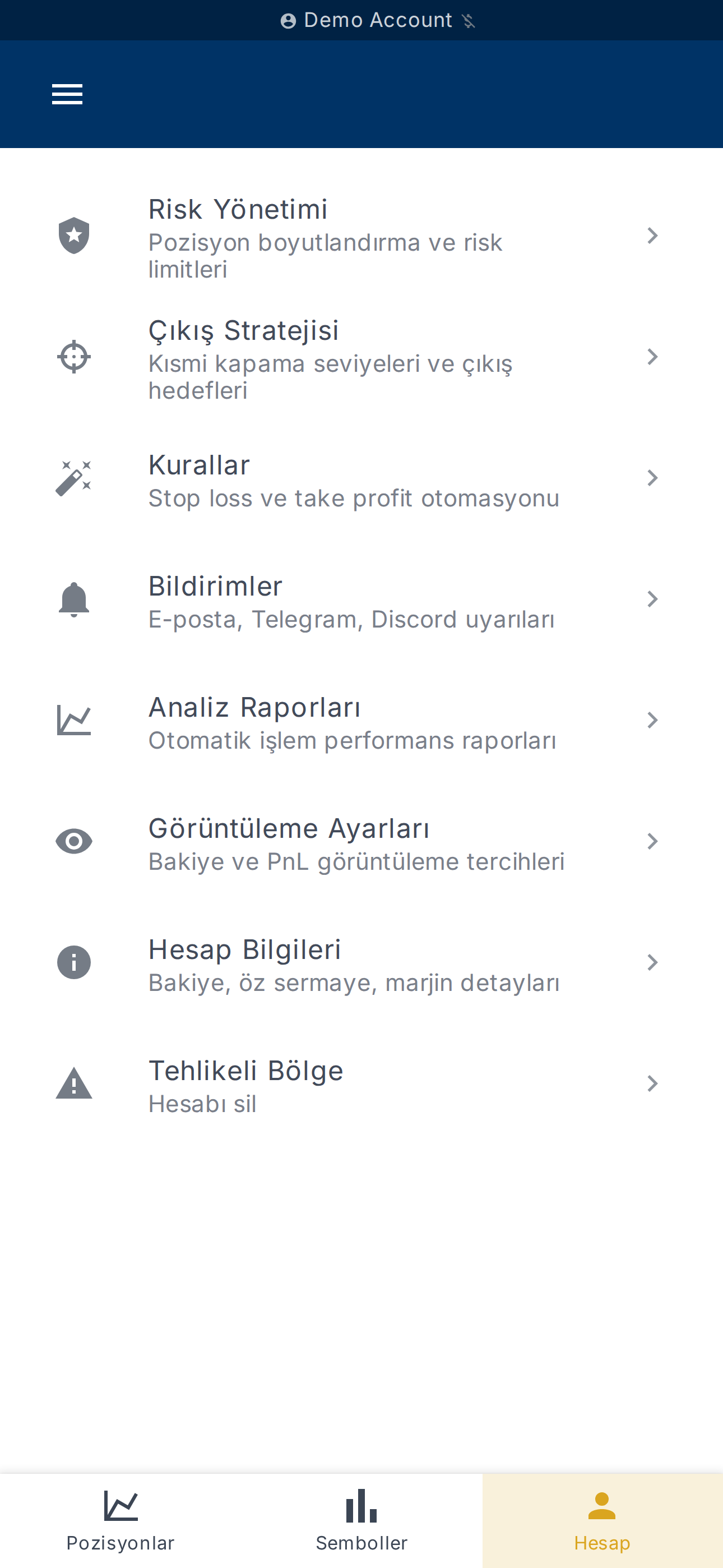 Seçili hesabın paneli